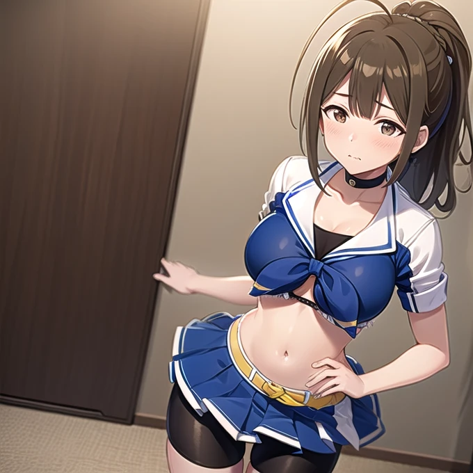 (masterpiece, best quality,high resolution,ultra detailed,game cg), kuwayama chiyuki,mature,1 woman,ahoge,single braid,blue cheerleader uniform,cleavage, ponytail, bike shorts, shorts under skirt, choker, midriff,shy face,blush,bedroom,indoor,