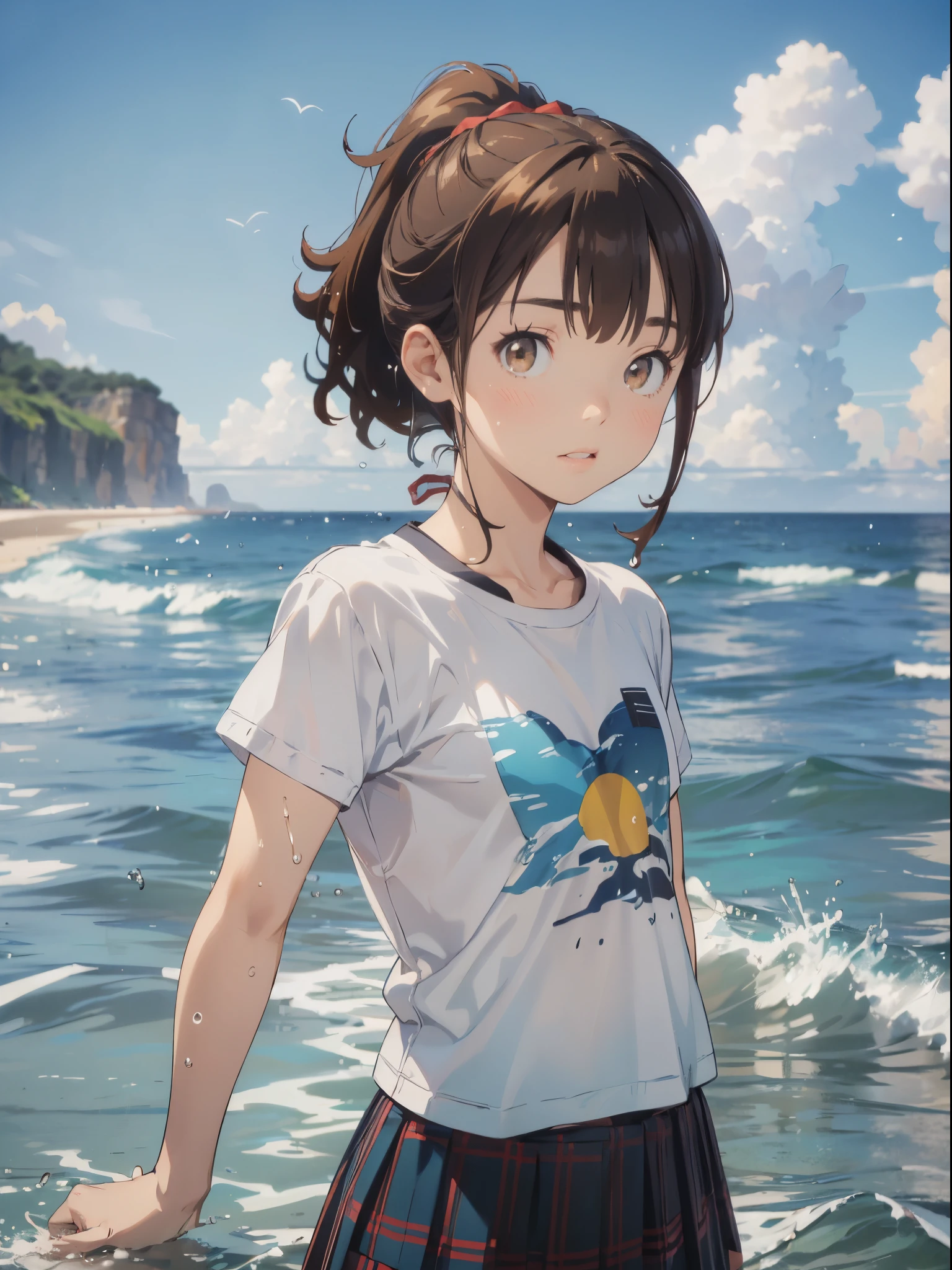 (upper body), (from below), ((white shirt,t-shirt, plaid skirt)), jinno megumi, brown hair, ponytail, brown eyes, , 1 rapariga, Solo, Looking at Viewer, cowboy shot ,  (((Smaller chest))), ((ocean, water, splash,)),
