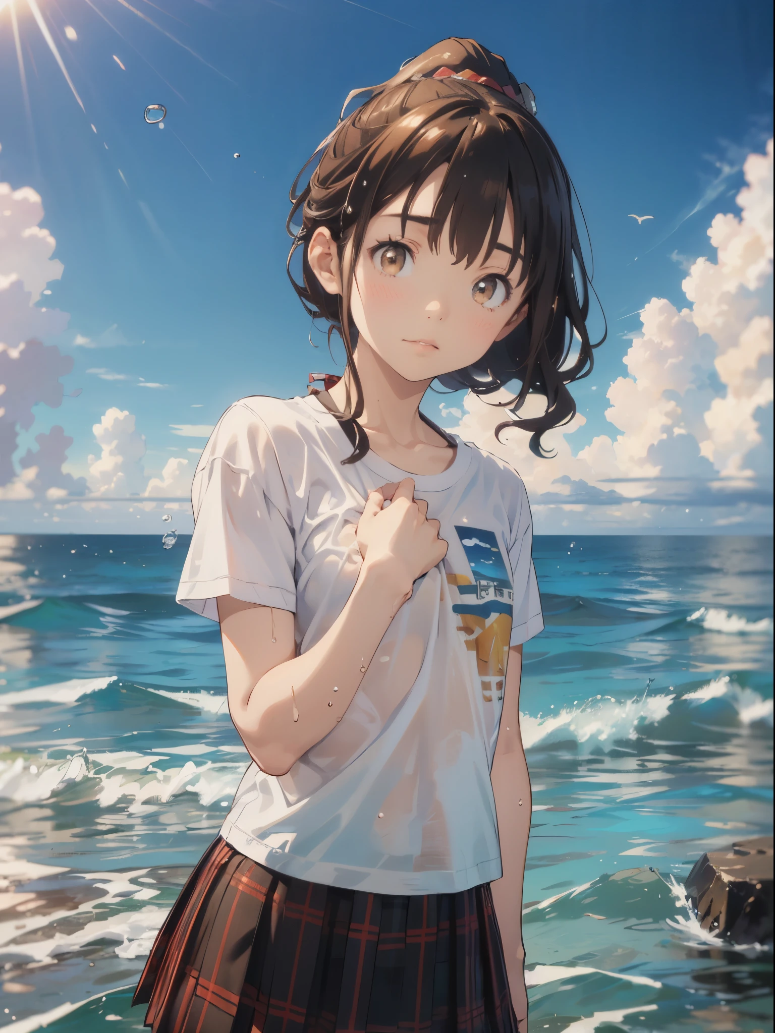 (upper body), (from below), ((white shirt,t-shirt, plaid skirt)), jinno megumi, brown hair, ponytail, brown eyes, , 1 rapariga, Solo, Looking at Viewer, cowboy shot ,  (((Smaller chest))), ((ocean, water, splash,)),
