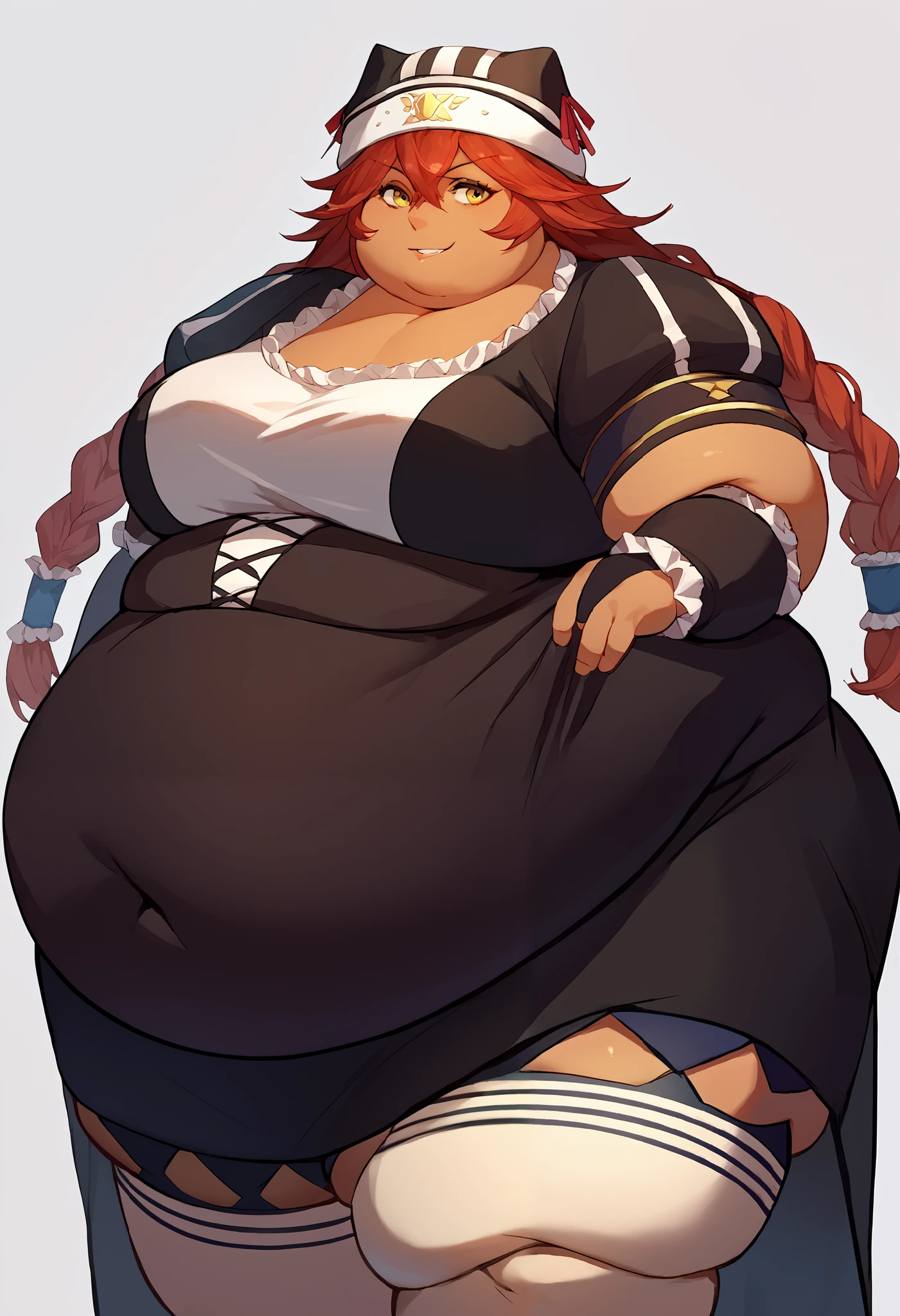 score_9, score_8_up, score_7_up, source_anime, solo, 1girl, lupusregina beta, dark skin, smirk, looking at viewer, twin braids, hat, frills, black dress, short sleeves, bridal gauntlets, white thighhighs, garter straps, fat, Chubby, obese 