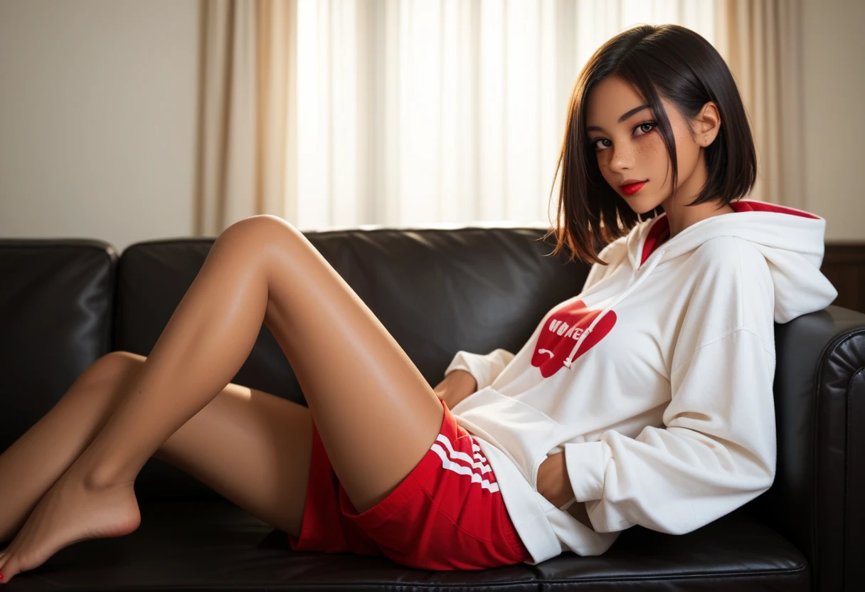 From_side, pose, sitting, on_couch, on_side, arm_support, High_detail, Warm lighting, high_contrast, darkness, beauty, Japanese pretty girl, short_hair, [black_hair:red_streaks:10], parted_bangs, tan, eyeliner, red_lipstick, freckles, sexy, oversized_hoodie, black_shorts, looking_at_viewer