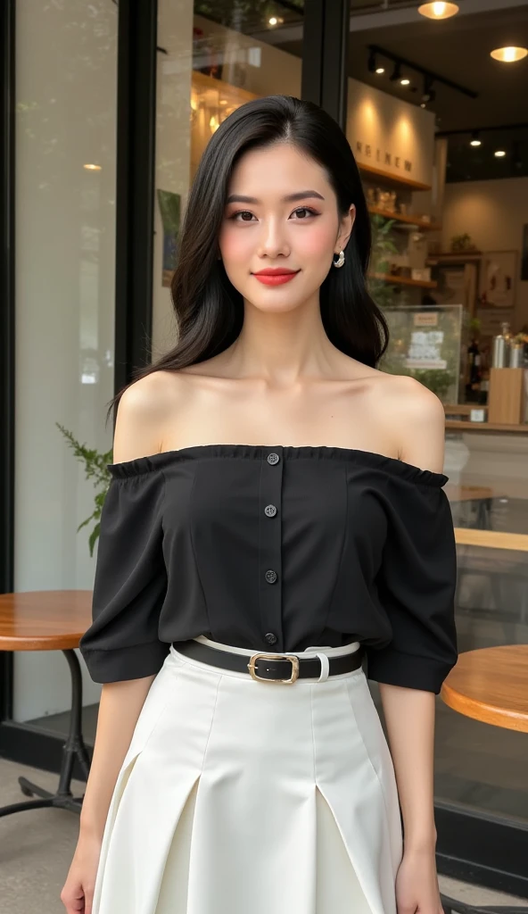 photography, model shoot, cowboy shot of a woman wearing a black off shoulder shirt and white skirt standing outside a cafe, she is posing, she has pretty lipstick, she is smiling, bright color, day light