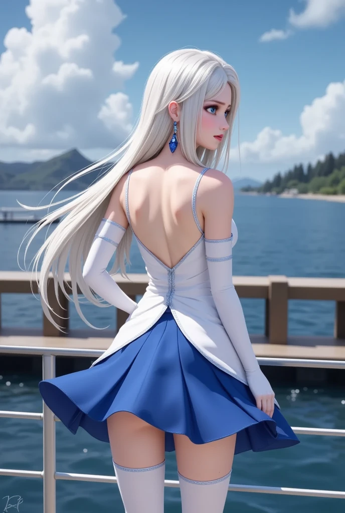 ((best quality)), ((masterpiece)), ((1girl)), solo, Ferry, ((long hair)), FerryBase, ((thighhighs)), bare shoulders, ((jewelry)), ((sleeveless)), white dress, blue skirt, ((gloves)), thigh-high, from behind.