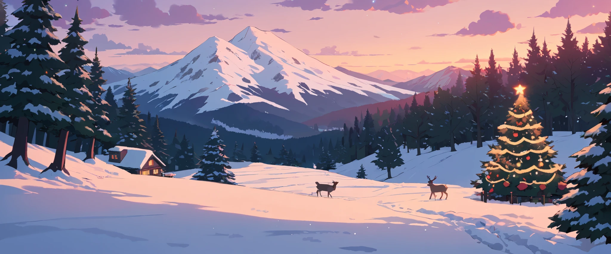 Christmas vibes ultrawide ,cozy ,lofi ,landscape ,forest ,mountain