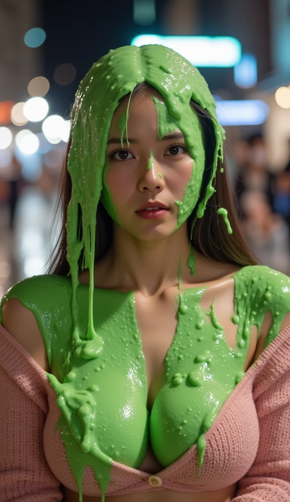 Cinematic photograph of Korean teen covered in green water. Wearing off-the-shoulder pink sweater. f/1.4 aperture. hyper-realistic style. (Korean teen: 1.1). Long fake eyelashes. Dripping green goo . 50mm. 8k. Masterpiece. New York city in background. Bokeh. Nighttime. Glistening liquid. Raw photo. Delicate eyes. Instagram influencer makeup. Small cleavage. Korean Instagram influencer. Korean model. Sexy Korean girl. brown eyeshadow. Dripping green water on face. Asian beauty. Skinny girl. Petite girl.