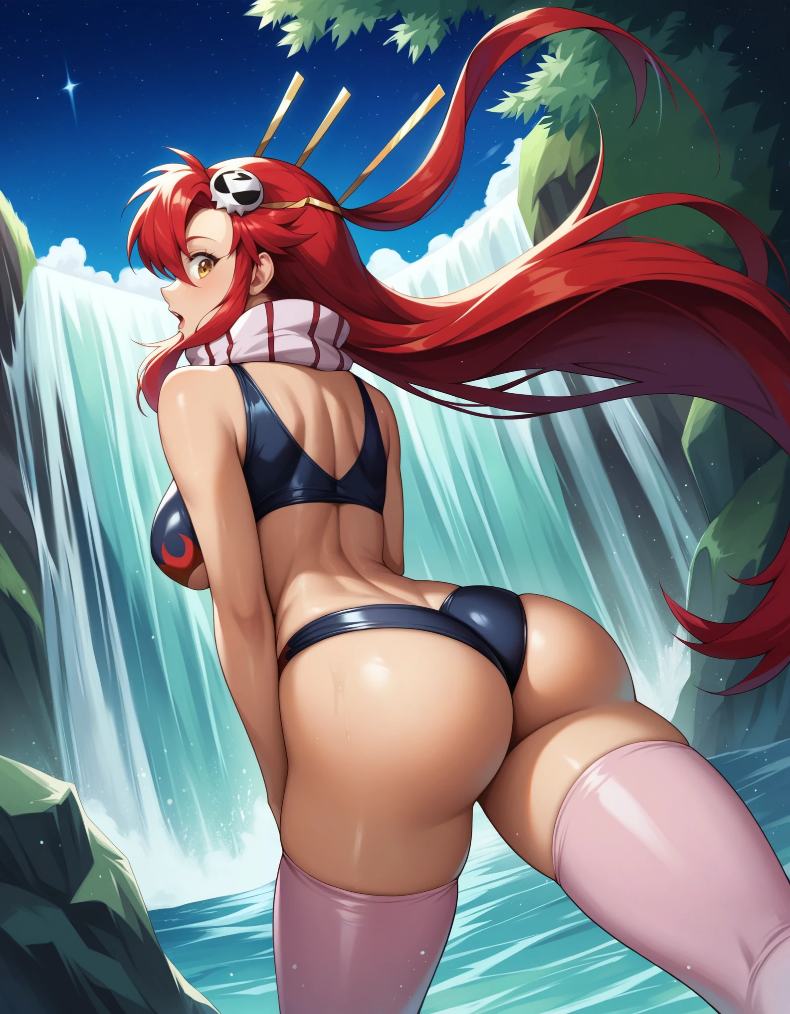 score_9, score_8_up, score_7_up, rating_safe, BREAK, solo, night, dark, waterfall, yoko_littner, tengen_toppa_gurren_lagann, 1girl, red_hair, yellow_eyes, ass, looking at viewer, surprised, solo