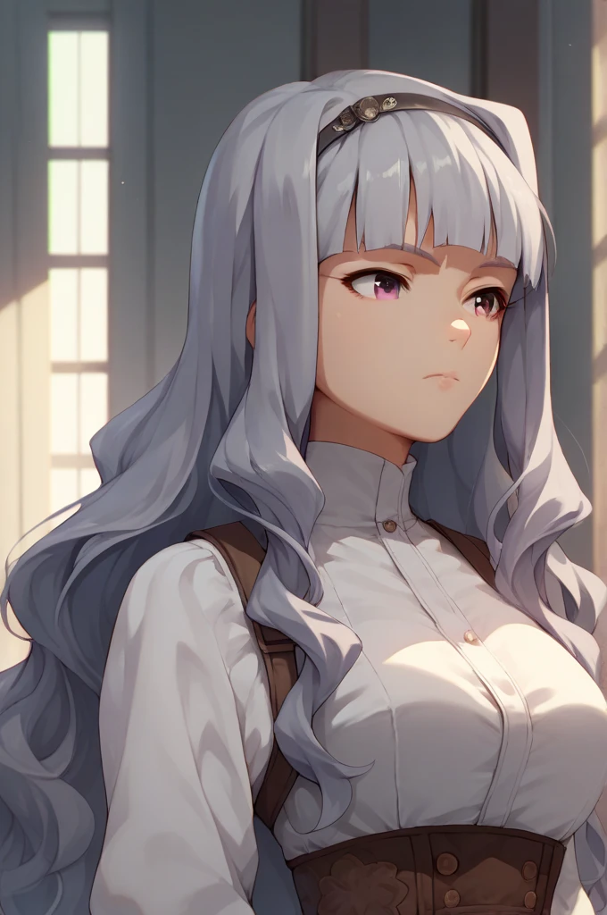  1 girl, solo,  high definition , upper body, front, sjutkn, very long hair, grey hair, wavy hair, blunt bangs, hairband, purple eyes, large breasts, 