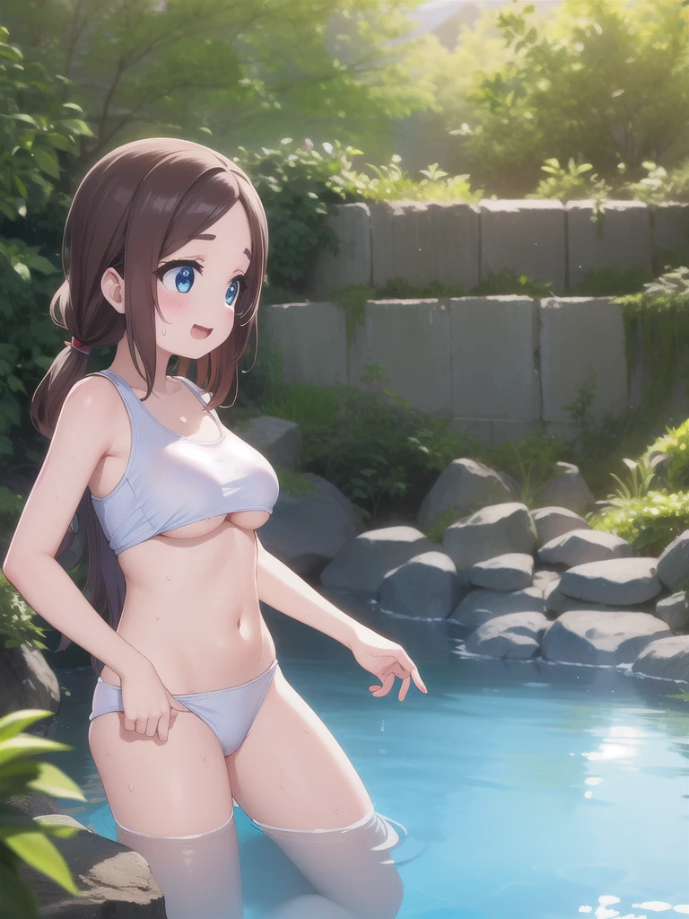  masterpiece,  best quality,  high resolution, (( Waifu thin and thick:1,3)), (large breasts:1,5), (swimsuit:1,8), (underboobs:1,8) , Cowboy shot , red maple tree, automne, happy, sunlight, slim girl, Front view, collier,  precious red jewelry, river background , loli body, leonardo da vinci rider, onsen, wet, sit on kneels,