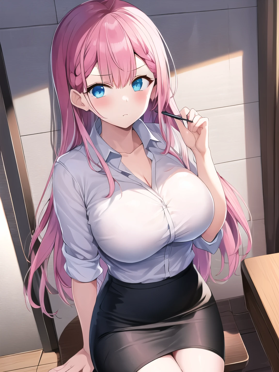 Top Quality Masterpiece High Resolution Kirisu Midwinter Pink Hair Blue Eyes Beautiful Girl Big Breasts Pencil Skirt Black Skirt White Shirt Long Hair Straight Cheek Love Melo Delle Dele Short Skirt Black Pencil Skirt