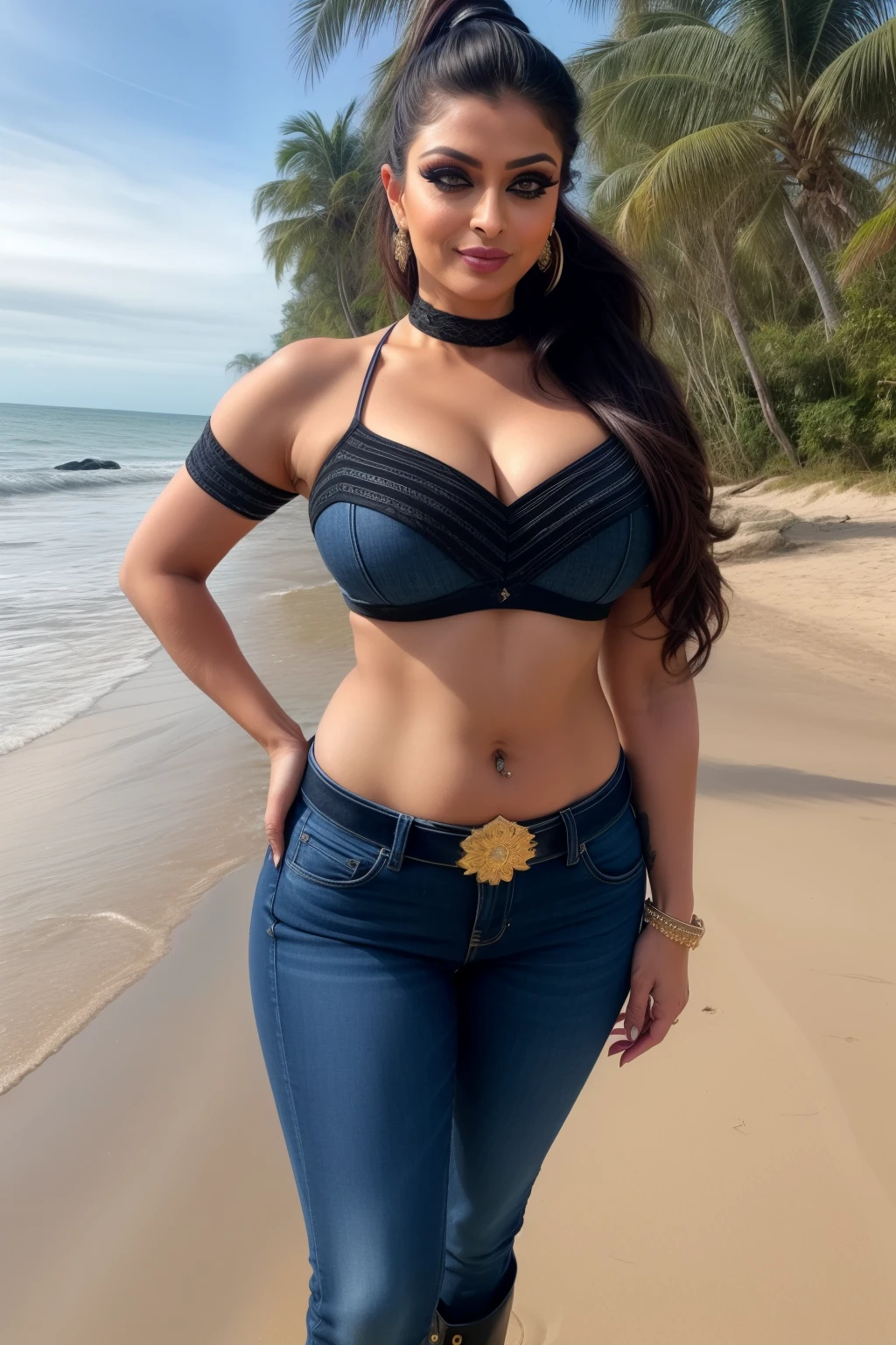 (((masterpiece))), NicoRobin, 1girl, solo, full body, long hair, looking at viewer, smile, blue eyes, large breasts, black hair, navel, holding, cleavage, closed mouth, standing, collarbone, jacket, short sleeves, cowboy shot, outdoors, sky, day, midriff, cloud, water, stomach, blue sky, crop top, groin, hand on hip, ocean, sunglasses, eyewear on head, zipper, cropped jacket, high collar, unzipped, sarong, hair slicked back, partially unzipped, print sarong,