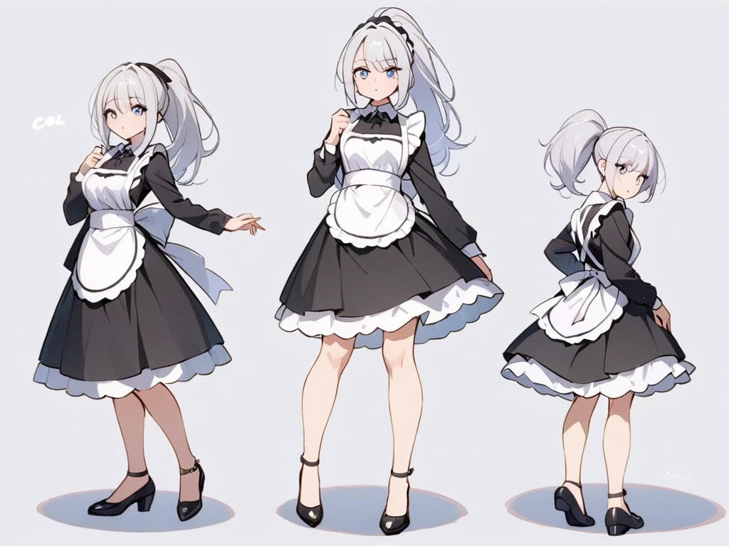 最高image quality、８ｋimage quality、 Clear Outlines、Anime Women、24 years old、 maid outfit , Long Sleeve 、Elegant、 Silver Hair、 ponytail、 Watch Viewers, is cool,Standing、Waiter、Full body shot、