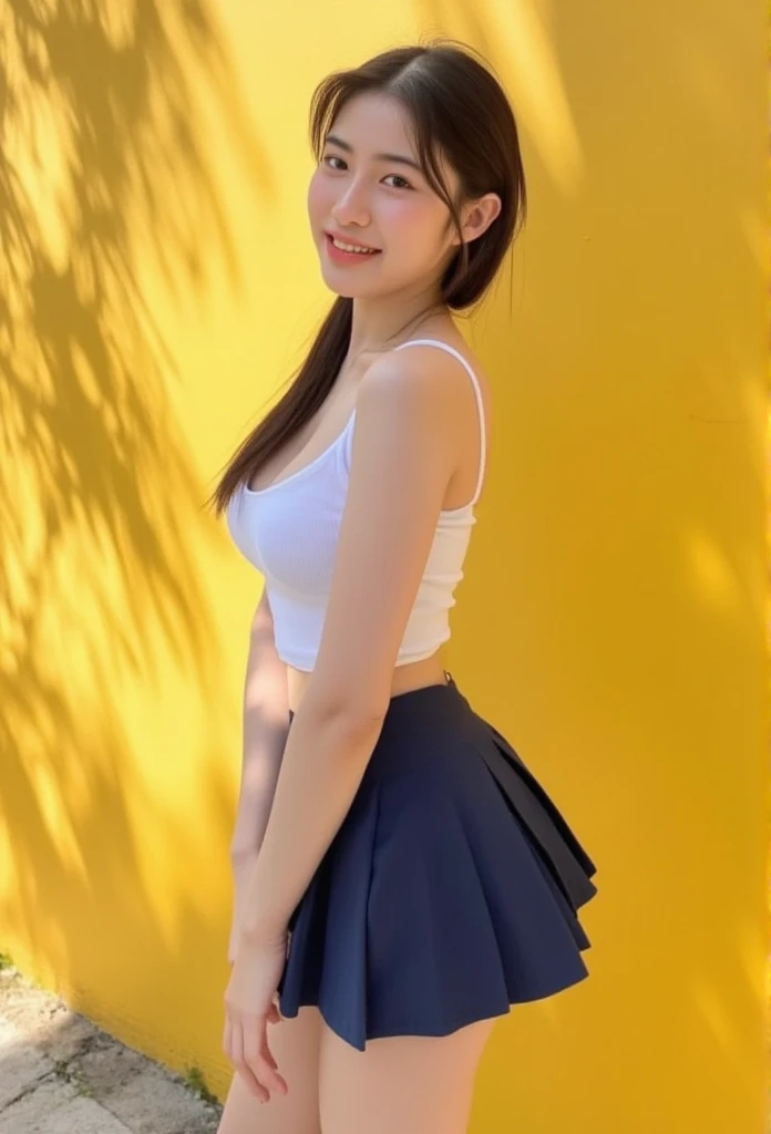 Full body,Soft, Take a photo,  atmosphere ,stand,portrait, Thai Women, cute,((smile)),  happy  ,Age 25 years,  perfect body ,shill, White Deep Neck Tank Top,Navy Extra Short Pleated Skirt,stand,Pose,Yellow Back ,sunlight, natural light , full body image, white sneakers 