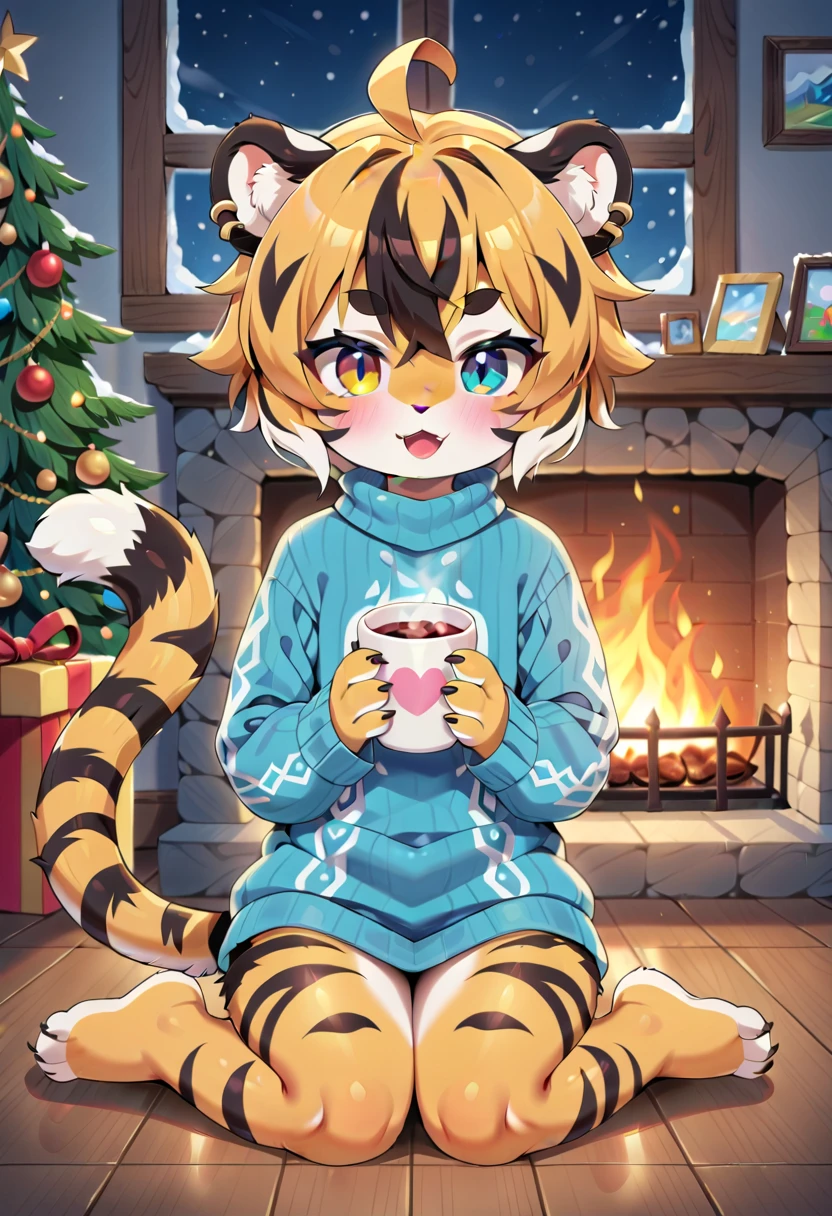 masterpiece, high resolution, best quality, (furry tiger girl, baby body, baby height, flat chest, animal face, animal skin, animal fur, tiger ears, tiger tail), heterochromia, multicolored hair, short hair, piercing, makeup, tattoo, large long knitted sweater, sitting on the floor by the burning fireplace, holding a glass of hot chocolate in his hands, looking out the window at the falling snow, night, room