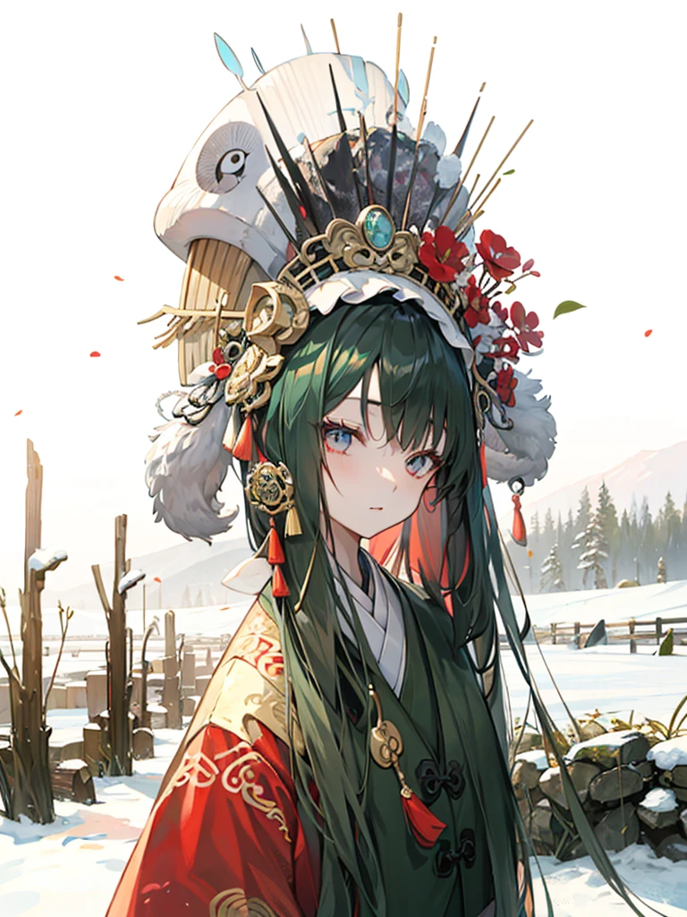 flat，comics，arafed woman wearing a large feathered headgear in the snow, 戴著明亮羽毛皇冠, headgear, feathered headgear, centered headgear, ornate headgear, coral headgear, 她頭上有鳥, Chinese girl, jellyfish headgear, intricate chrome headgear, 戴著一頂非常長的羽毛冠冕, 受到金昌烈啟發，Second Dimension，2D