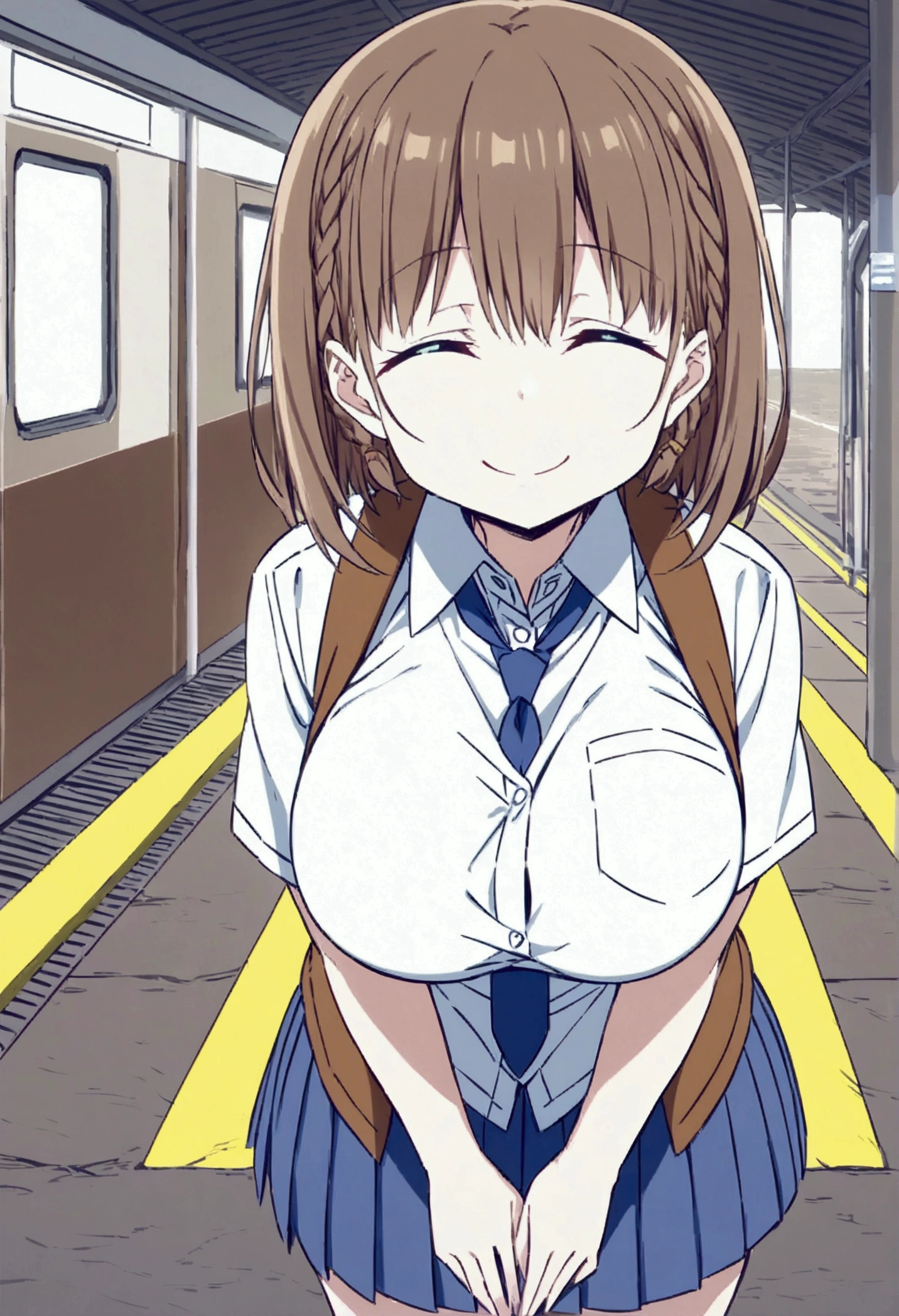  Monday is awesome,Ai-chan,Big Breasts, clave cut , High School Girls , source_anime, break 1 girl , solo,whole body, brown hair, Cyan eyes,  braided ,  white shirt,  colored shirt ,  blue tie ,  pleated skirt that hugs a spear ,  blue skirt ,  Big Breasts ,  looking at you ,Big smile, happy  , eyes closed , Station, in Thailand,finely detailed beautiful face, High Quality ,anime,beautiful, high definition ,anime color,{{{{8k_ wallpaper}}}},{{{masterpiece}}},{{{{  surrounds highly detailed eyes  }}}},{{{{ extremely detailed body }}}},{{{{very detailed fingers}}}}