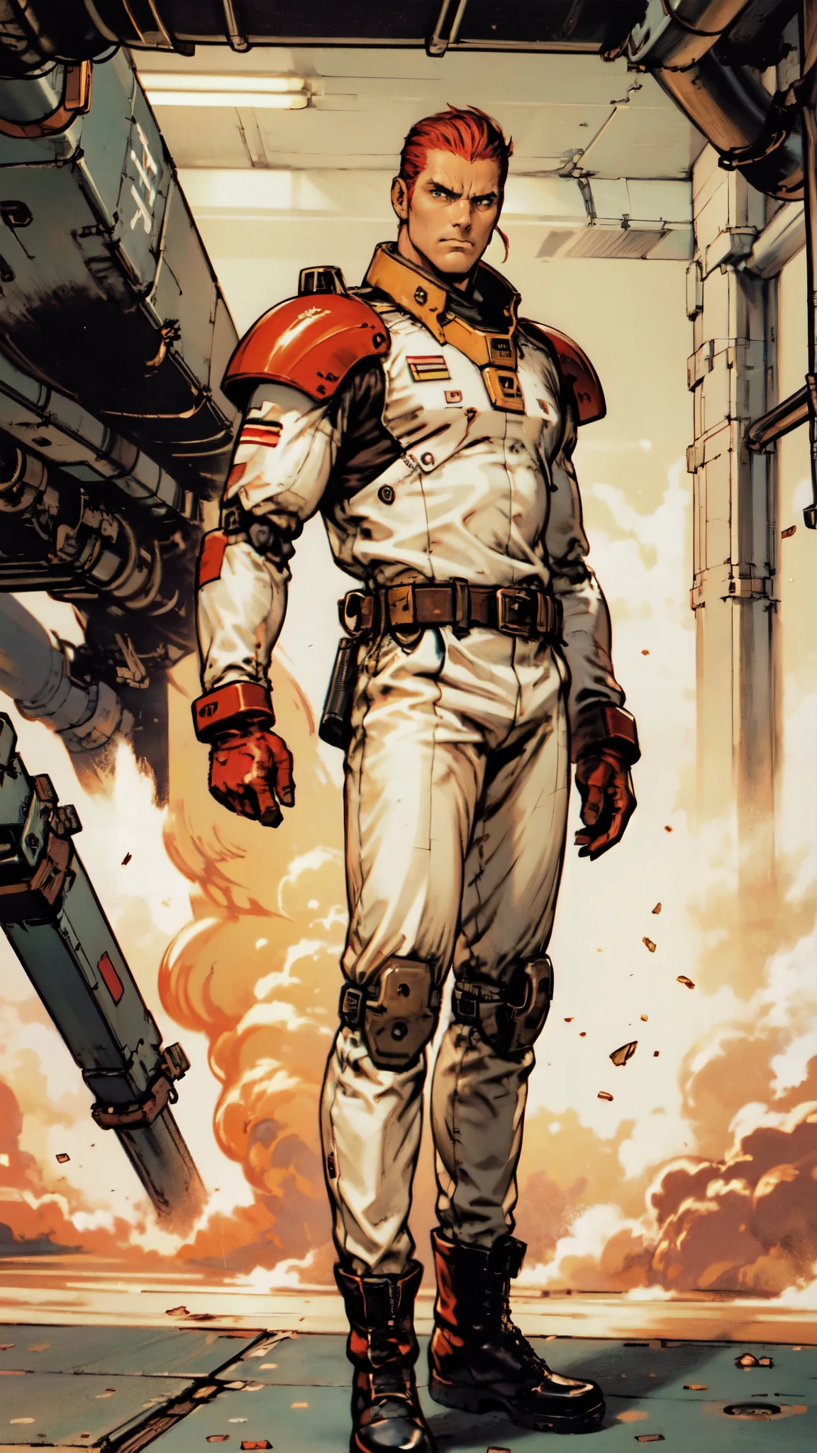(masterpiece:1.2, best quality:1.2, extremely delicate:1.2), ((male:1.5)), a man with slicked-back short disheveled red-gold hair, cold and ruthless gaze, confident expression, a two piece futuristic-style military dress uniform, primarily white and red with yellow accents, streamlined wristguard gloves, metal shoulder pads, metal belt, matching trousers, long combat boots, stands within a futuristic sci-fi hangar, the background is a giant mecha, this character embodies a finely crafted futuristic military officer, Ink Splash art style, dramatic, high definition, highres, ultra-detailed, ultra-fine painting, professional, perfect body proportions, golden ratio, anatomically correct, symmetrical face, extremely detailed eyes and face, high quality eyes, creativity, RAW photo, UHD, 32k, Natural light, cinematic lighting, (masterpiece-anatomy-perfect:1.2)