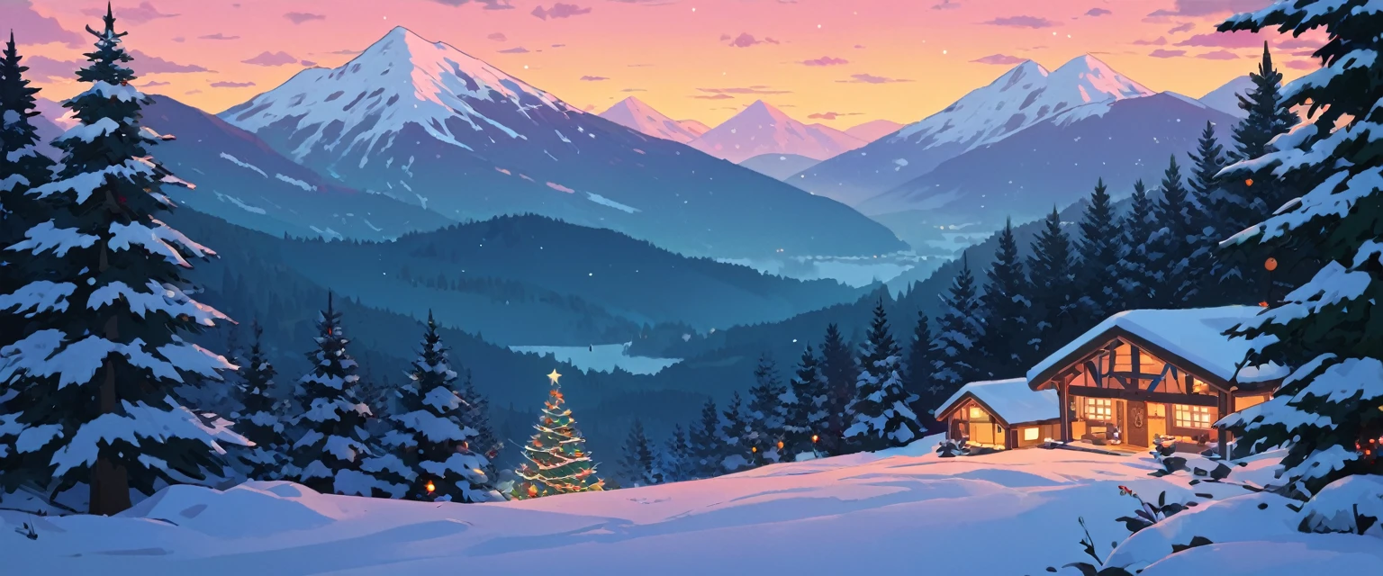 Christmas vibes ultrawide ,cozy ,lofi ,landscape ,forest ,mountain
