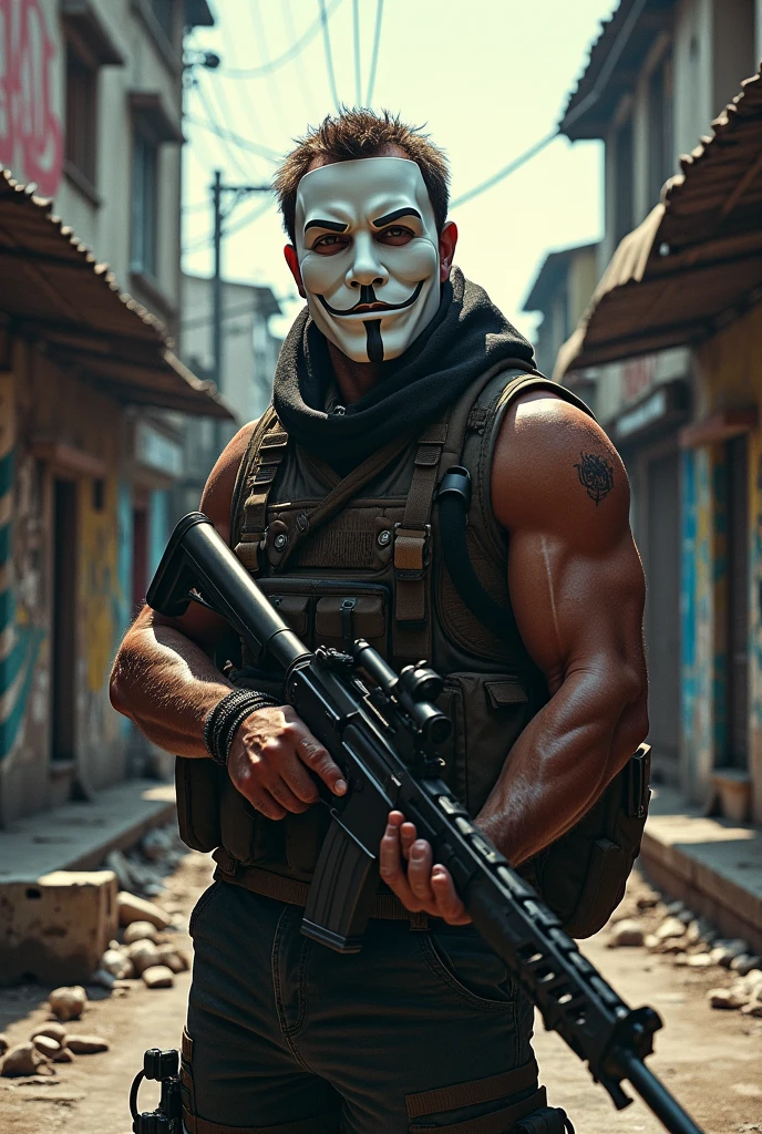 Man with an Anonymous mask and a bazooka painted with Venezuela 