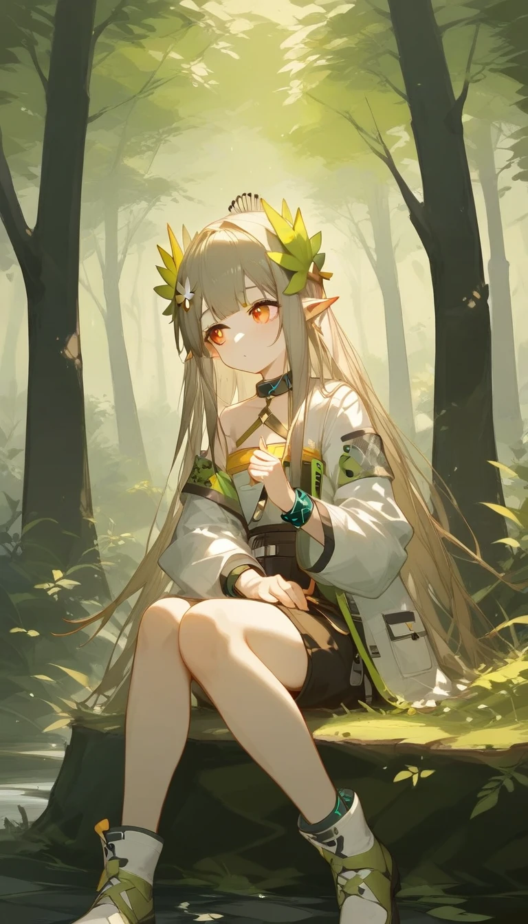 Lakeside。forest。Sitting on a stump。 Beautiful Sunrise 。 muelsyse_\( Arknights\),score_9,score_8_up,score_7_up,girl, (( super high definition 。 beautiful face。 realistic skin texture 。Precise depiction of hair。 masterpiece))。 shy expression 。Looking away.((( muelsyse))),( Arknights), muelsyse_\( Arknights\),  muelsyse_\( Arknights\)。Head ornament。Elf Ears。((Greenish blond longhair ))。(Orange Eyes)。Mole under eye。Researcher&#39;s lab coat。 brown boots 。