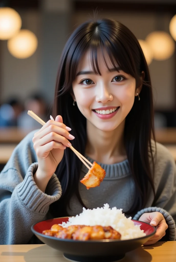 one woman, 20 years old Japanese,, cute, black haired,middle hair,smiling cheerful in an oversized gray knit sweater worn as a dress, enjoying grilled unagi (eel) kabayaki, using chopsticks to pick up a perfectly glazed, caramelized piece of eel from a traditional Japanese lacquered bento box filled with rice. The background features a warm, inviting dining setting, enhancing the authentic culinary experience
( highest quality, masterpiece :1.3, super high resolution,),( super detailed, caustics ),( Photoreal :1.4, RAW shooting,)ultra-realistic capture, very detailed, High definition 16K for human skin 、 Natural skin texture 、、Skin looks even-toned and healthy、 Use natural light and color, (Depth of the bounds written、 chromatic aberration 、、wide range of lighting、 natural shading 、), 