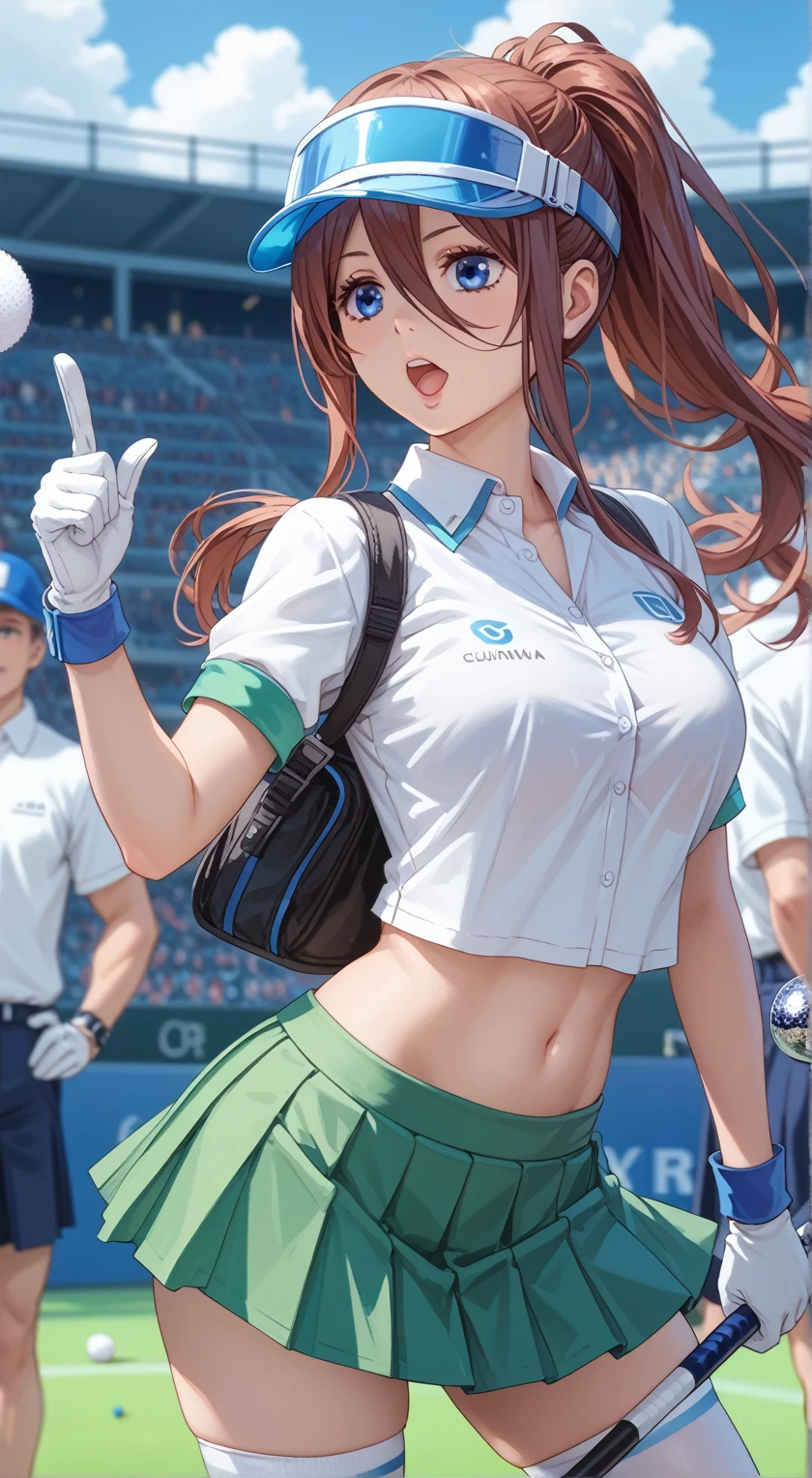 Tall girl, Fit girl,score_9, score_8_up, score_7_up, score_6_up, uncensored, 1girl, miku nakano, long hair, bangs, blue eyes, brown hair, shirt, hair between eyes, huge golf_club, 1girl, gloves, thighhighs, skirt, white_gloves, visor_cap, green_skirt, ponytail, shirt, long_hair, open_mouth, white_shirt, pleated_skirt, short_sleeves, solo_focus, brown_hair, index_finger_raised, zettai_ryouiki, breasts, pointing, brown_eyes, holding, midriff