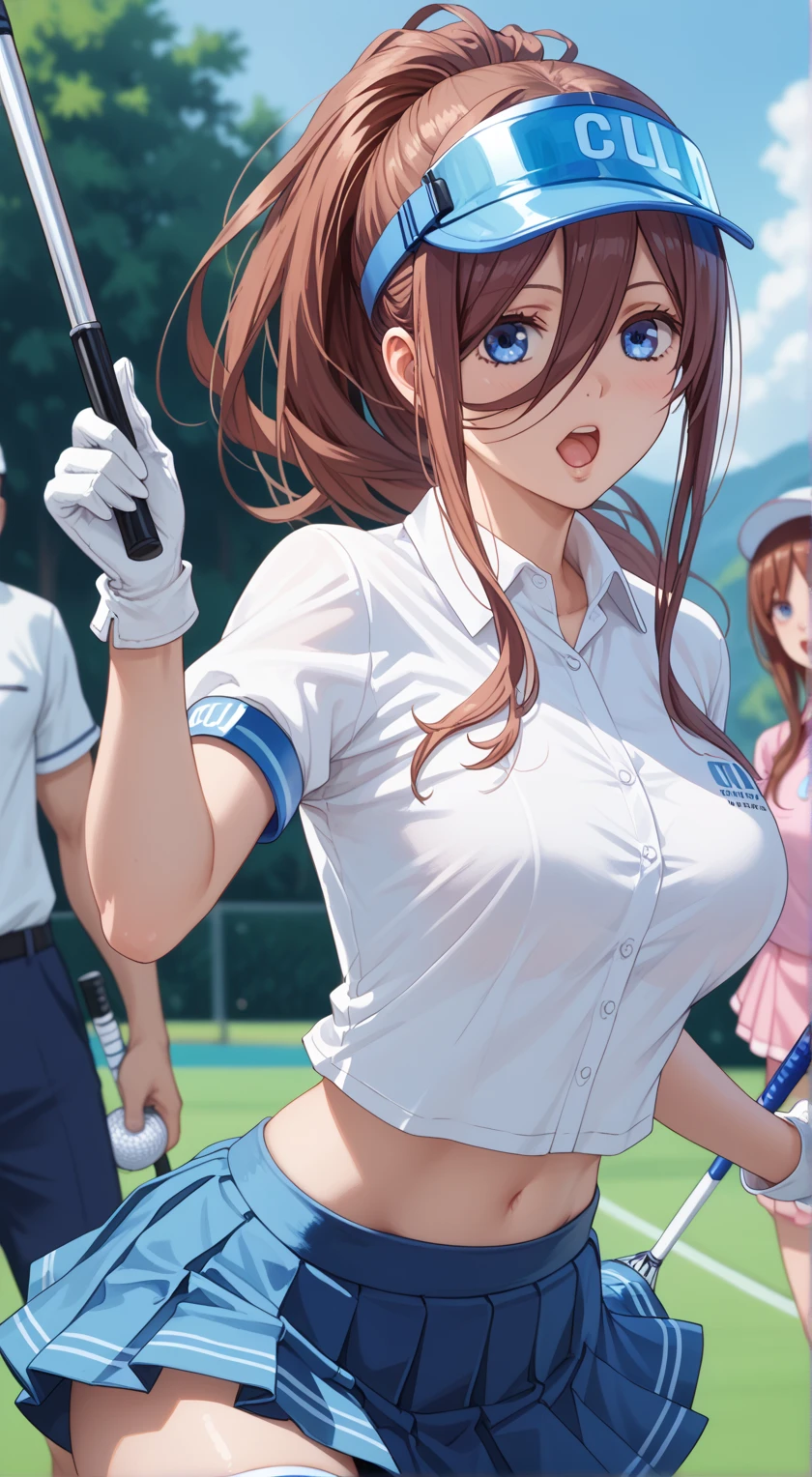 Tall girl, Fit girl,score_9, score_8_up, score_7_up, score_6_up, uncensored, 1girl, miku nakano, long hair, bangs, blue eyes, brown hair, shirt, hair between eyes, huge golf_club, 1girl, gloves, thighhighs, skirt, white_gloves, visor_cap, blue_skirt, ponytail, shirt, long_hair, open_mouth, white_shirt, pleated_skirt, short_sleeves, solo_focus, brown_hair, index_finger_raised, zettai_ryouiki, breasts, pointing, brown_eyes, holding, midriff