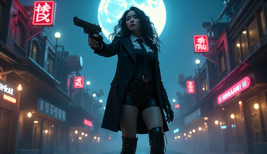 make a Korean idol group TWICE Mina that sets your sights with a handgun。Features、Hairstyle: long curly hair 、 hair color:black、Eye colour:black、Skin color:white、height:165㎝、body: big breasts 、Chest clothes :blackのスーツにblackのシャツにblackのネクタイ、 arm clothes :blackの革手袋、 foot clothes :blackのスーツパンツ、footwear:black革ブーツ、place:Steampunk's Neon Town 、Time Zone:Midnight、situation: Shoot and Kill a Werewolf on the Day of the Full Moon 、 pose: The moment you hold a handgun with both hands and stare at us、 Please draw the whole body so you can see 。