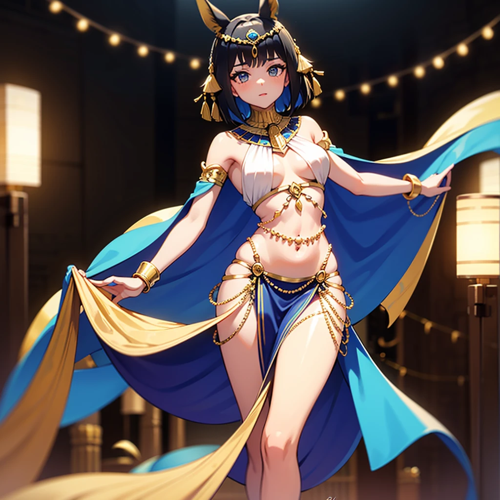 Short black hair female, hecteromia, belly dancer, wearing a black belly dancer outfit with some gold accents and covering her lower face with transparent clothes. Doing the belly dancer dance, has fake ears on her head. The background is Egypt themed.