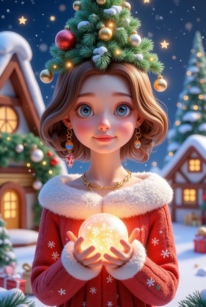 Merry Christmas， has a Christmas tree and cottage on her head，Hanging Christmas balls 。Beautiful girl holding a magic ball in her hand 