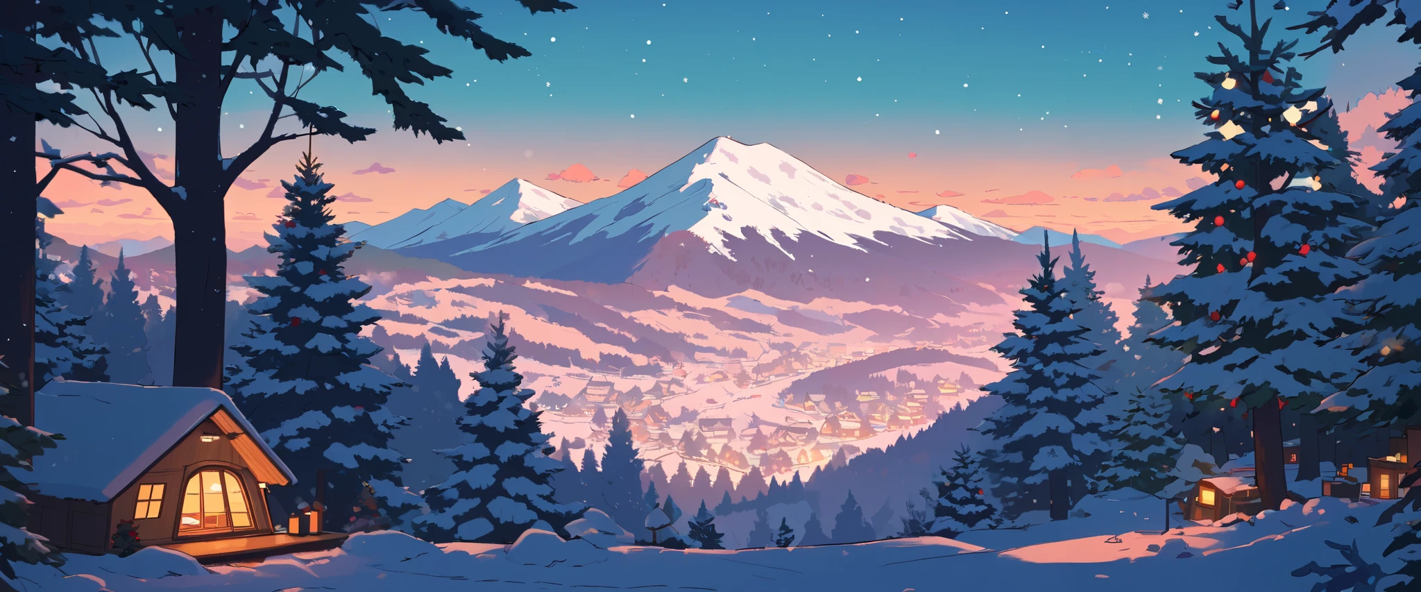 Christmas vibes ultrawide ,cozy ,lofi ,landscape ,forest ,mountain