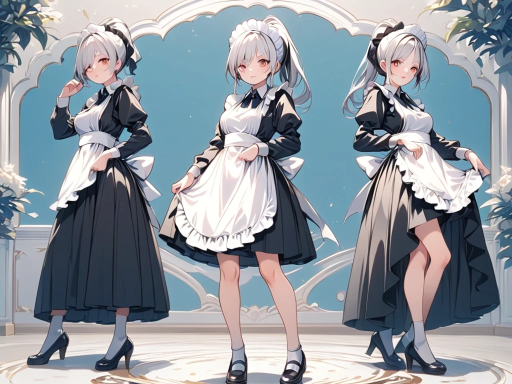 最高image quality、８ｋimage quality、 Clear Outlines、Anime Women、24 years old、 maid outfit , Long Sleeve 、Elegant、 Silver Hair、 ponytail、 Watch Viewers, is cool,Standing、Waiter、Full body shot、