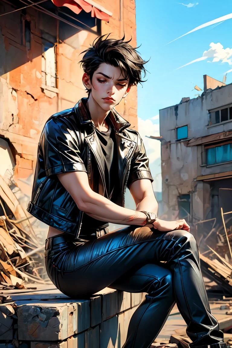 (masterpiece), ((anime style)), ((anime boy)), 1boy, expressive eyes, handsome, young boy, closed eyes, singing, focus face, ((short dark hair)),clean cut, red cheeks, friendly, tall, ((slender body)), toned physique, leather jacket, black t-shirt, long black pants, sitting on a single sofa, legs crossed pose, holding a book, looking to viewer, deserted building background, destroyed surroundings, 