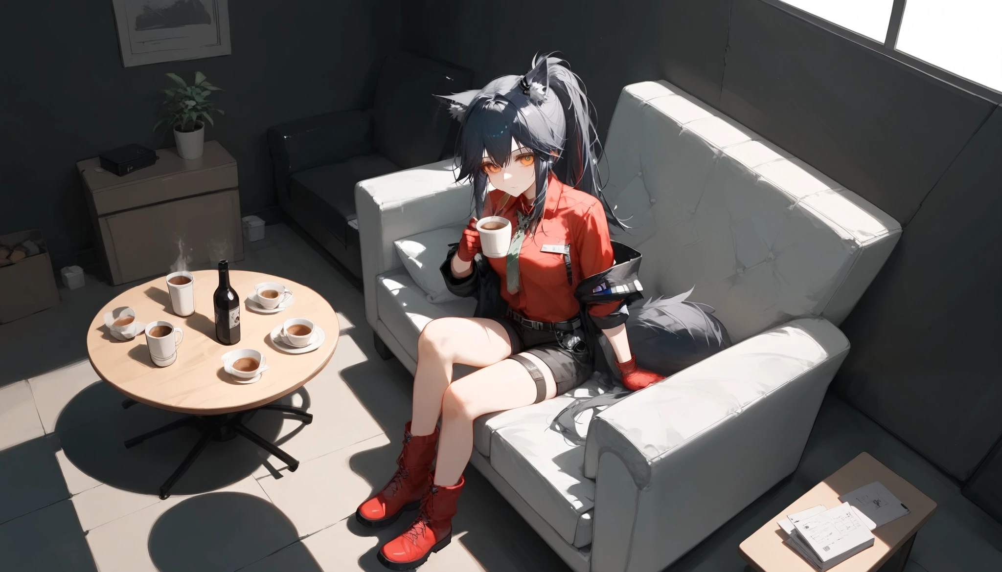 Sitting on a long sofa in a concrete room。 relaxing。 coffee table。score_9,score_8_up,score_7_up,girl, (( super high definition 。 beautiful face。 realistic skin texture 。Precise depiction of hair。 masterpiece)) 。 ((Texas)),( Arknights),Texas_\( Arknights\), Texas_\( Arknights\), black hair。Orange Eyes。 long hair。 ponytail。 red shirt。 wolf ears 。Wolf Tail。 black tie。 black hotpants standing on the right 。Red socks。Red gloves。 black boots。Angle from above。