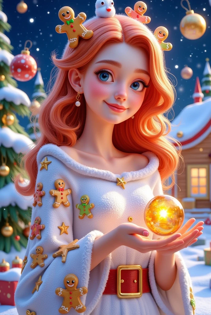 Merry Christmas，Beautiful girl with a Christmas tree and cottage and gingerbread man cookies on her head，Hanging Christmas balls 。Beautiful girl holding a magic ball in her hand 