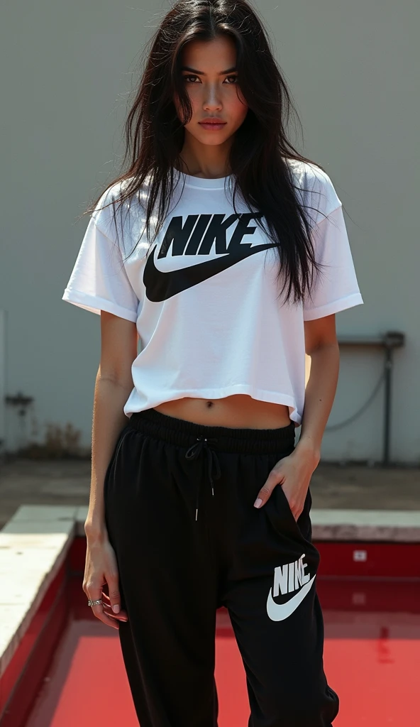 beautiful young girl, big breasts, standing with short black hair, all tattooed, wearing Nike sneakers, in front of a shoe store called with the word "fantom" on the facade, looking a little to the side, ultra realistic image , 8k, mid-afternoon sun glare, professional camera effects
