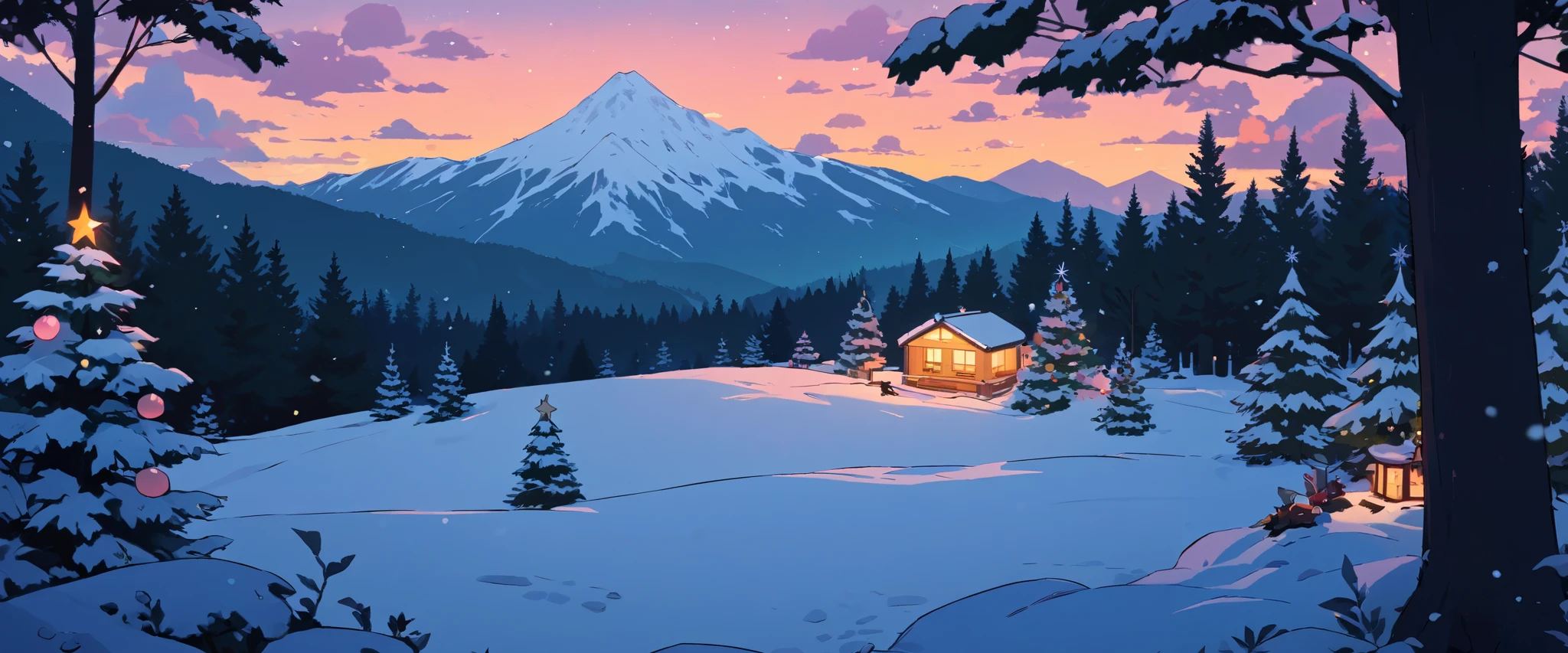 Christmas vibes ultrawide ,cozy ,lofi ,landscape ,forest ,mountain