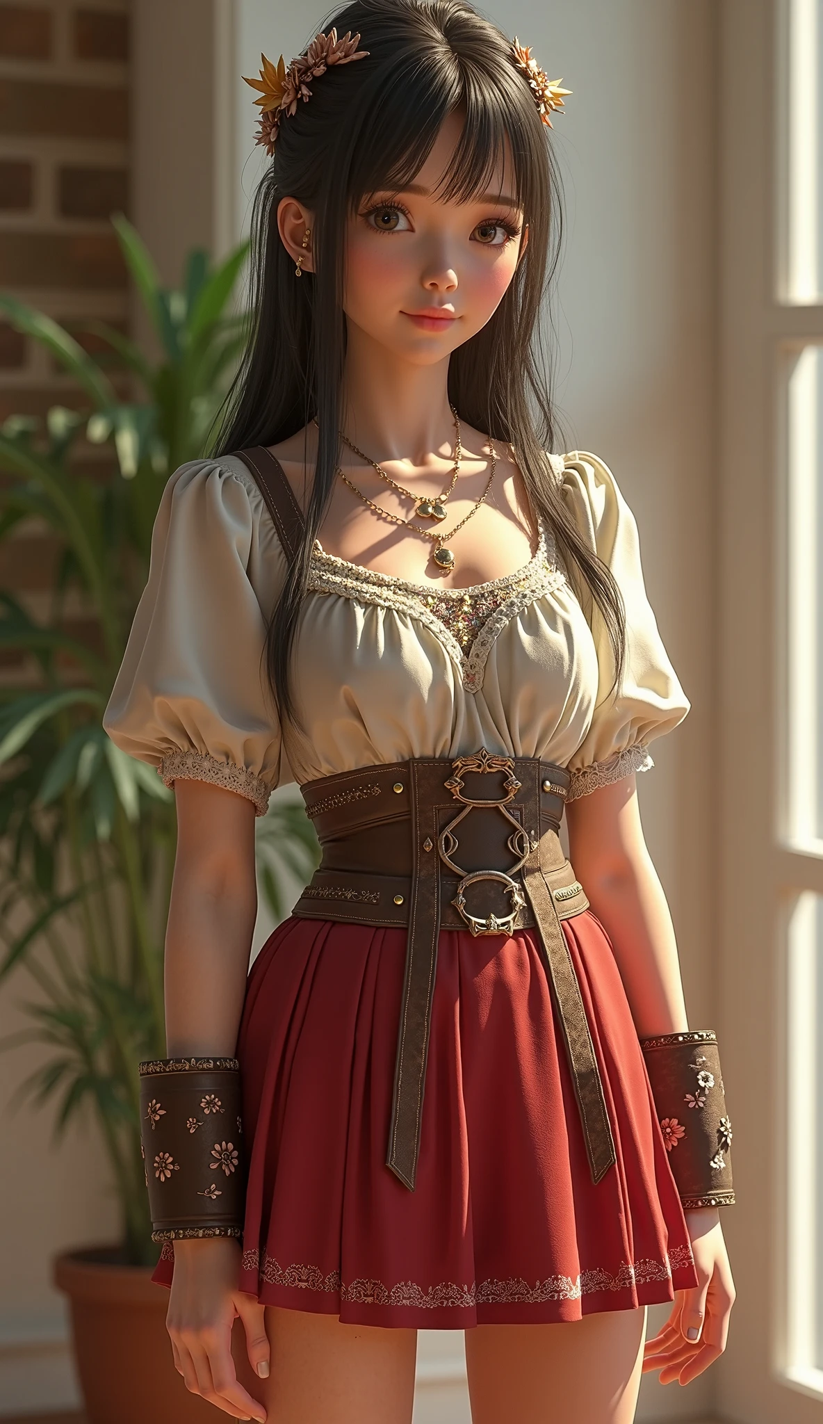 young , teenage, girl, (from_side:1.3) (crossed_ankles:1.2), (hand_on_hip:1.2), black_hair,ponytail, steampunk, red, fabric , leather, intricate skirt, (female focus:1.3), church, holding pendant, jewelry, (full_body:1.4), (((realistic))), (sharp focus:1.4), masterpiece, high quality, realistic lighting, center of frame,  8k, hdr