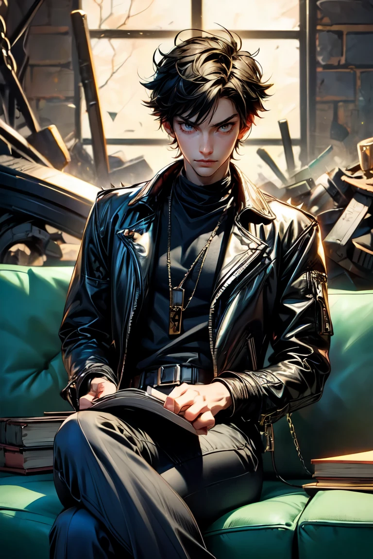 (masterpiece), ((anime style)), ((anime boy)), 1boy, expressive eyes, handsome, young boy, emerald eyes,((short dark hair)), clean cut, red cheeks, friendly, tall, ((slender body)), toned physique, leather jacket, long sleeves, spikes, chains, black t-shirt, long black pants, sitting, ((on a sofa)),  legs crossed pose, holding a book, looking to viewer, deserted building background, destroyed surroundings, 