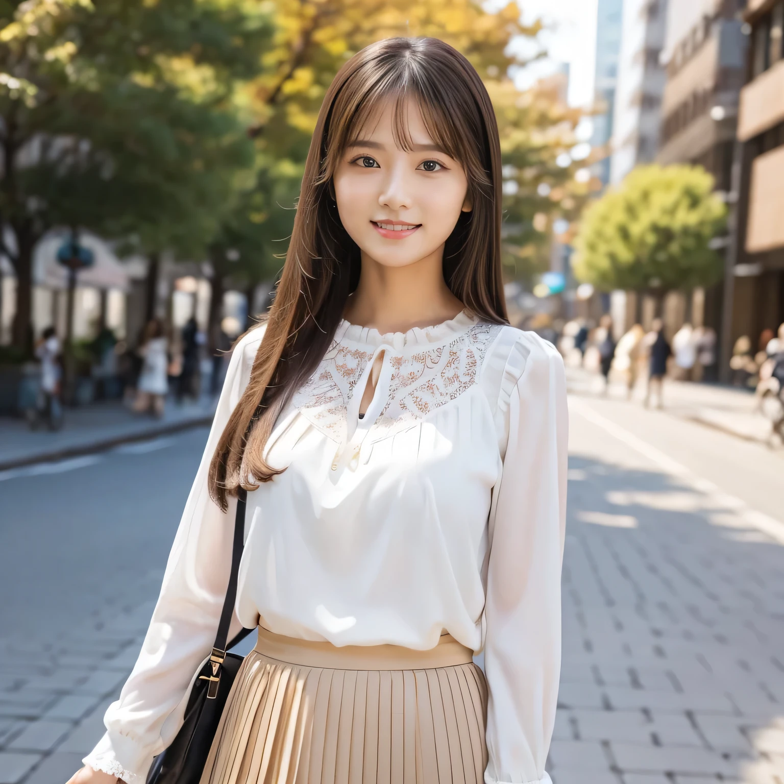(Calm and gentle expression:1.0), ( full body shot:1.3), ( Panorama :1.0), Movie Lighting, (( best quality)), ( RAW Photos, best quality), ( Realistic:1.4), realism, masterpiece, Very Delicate and Beautiful , Very detailed, 4k wallpaper, amazing, finely, Very detailed CG unity 8k wallpaper, Very detailed, high definition , soft light you're handling, Japanese, (one shot:1.9), (22 years old:1.6), (Round face:1.2), (Fat:0.8), (A very neat woman, A very pure woman:1.5), Beautifully Detailed Woman , famous Japanese actress , detailed face , finelyて美しい目, Very detailedな目と顔, Beautiful Eyes and Beautifully Detailed Nose, lots of cute frills , ( straight hair :1.4), shiny hair, Shiny Hair, Brown Hair, (bangs:1.4), Toned Body, ( and smiles :1.4), Glossy and moisturized lips, natural makeup, (LET IT GO, white, Gorgeous Long Sleeve Lace Blouse :1.4), (LET IT GO, Kinari, pleated skirt:1.3), ( long skirt:1.7), (pumps:1.2), (Skyscraper district, Sidewalk Background with Large Keyaki Street Trees in the City:1.5),