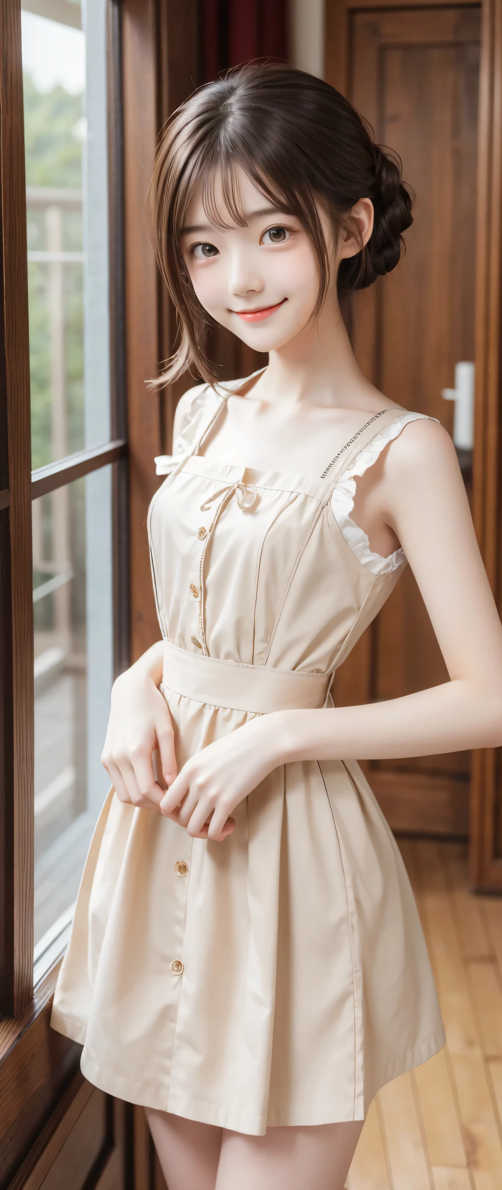 Maid,cute pretty girl,masterpiece,high definition,4k,8k,16k,chignon hair,brown hair,skinny,thin body,smile