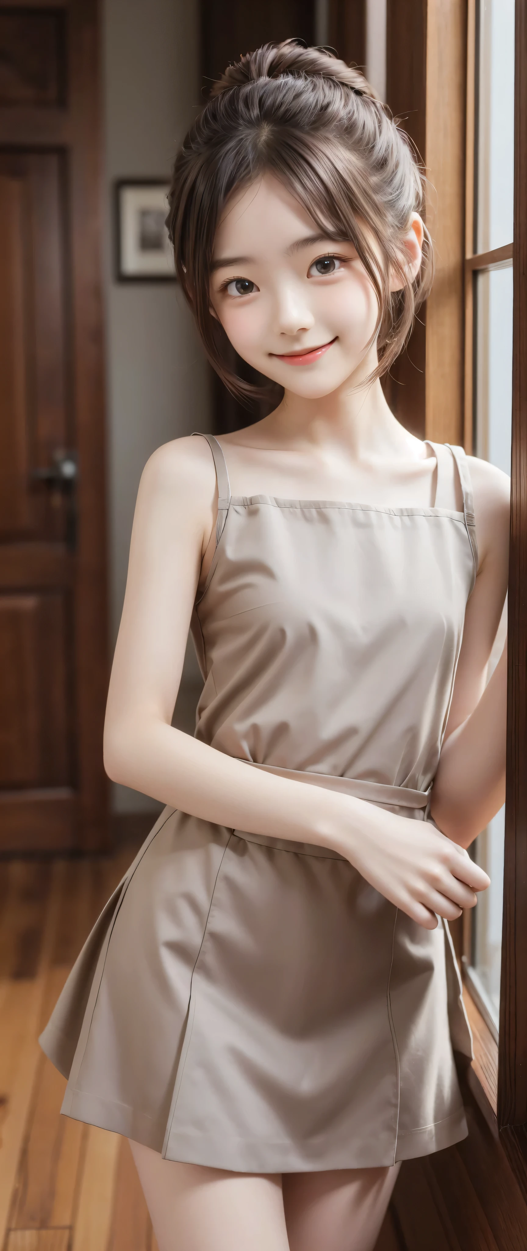 Maid,cute pretty girl,masterpiece,high definition,4k,8k,16k,chignon hair,brown hair,skinny,thin body,smile