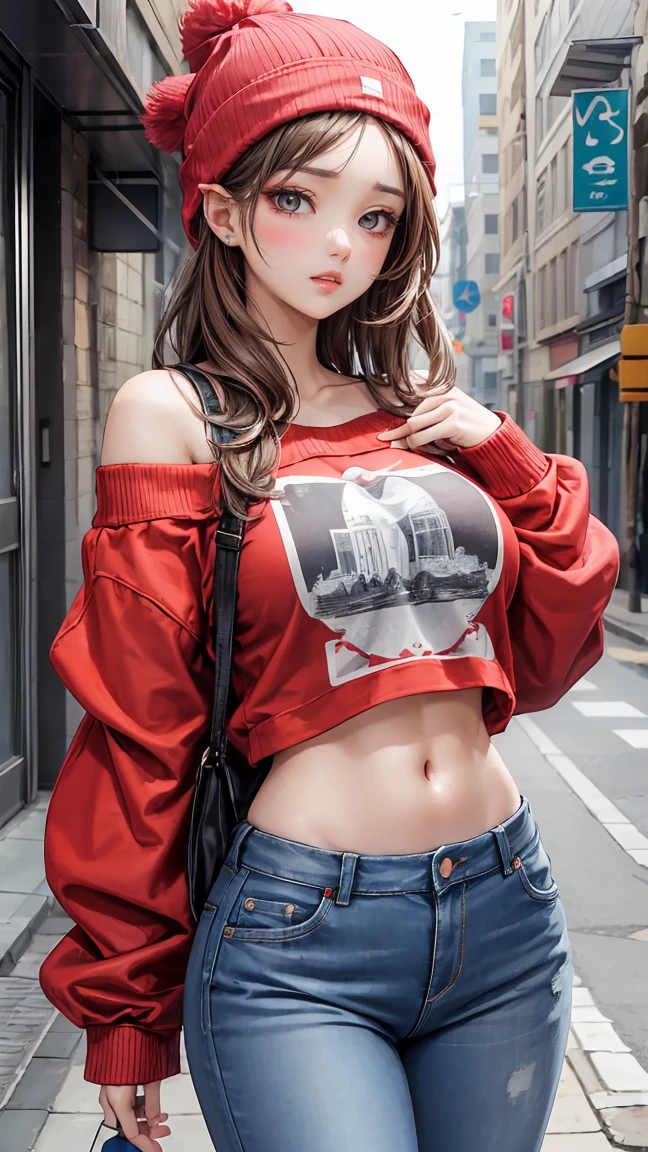 (((1girl))), hands up, brown long hair, tank-top, jacket, open shoulder, cowboy shot, bikini, medium breast, red background, open mouth, stick out her tongue out at viewers, red eyes, flushed, yumeko jabami