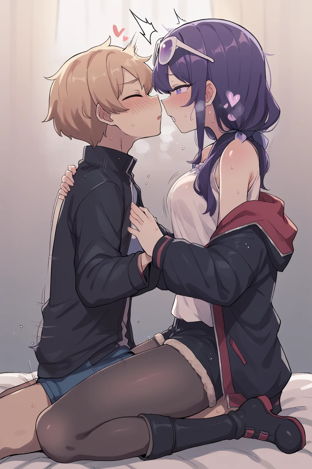 score_9, score_8_up, score_7_up, score_6_up, score_5_up, score_4_up, source_anime, BREAK 1girl, 1boy, side view, age_difference,blush, breasts, cowgirl position, sex, closed_eyes, hetero,,, sweat, in love, breath, sweat, heavy breathing, passionate, intimate,pretty eyes, purple eyes, eyewear on head, black jacket, jacket on shoulders, shirt, shorts, pantyhose,boots , orgasm, notice lines, holding hands, moving fast, motion lines, motion blur, hearts
