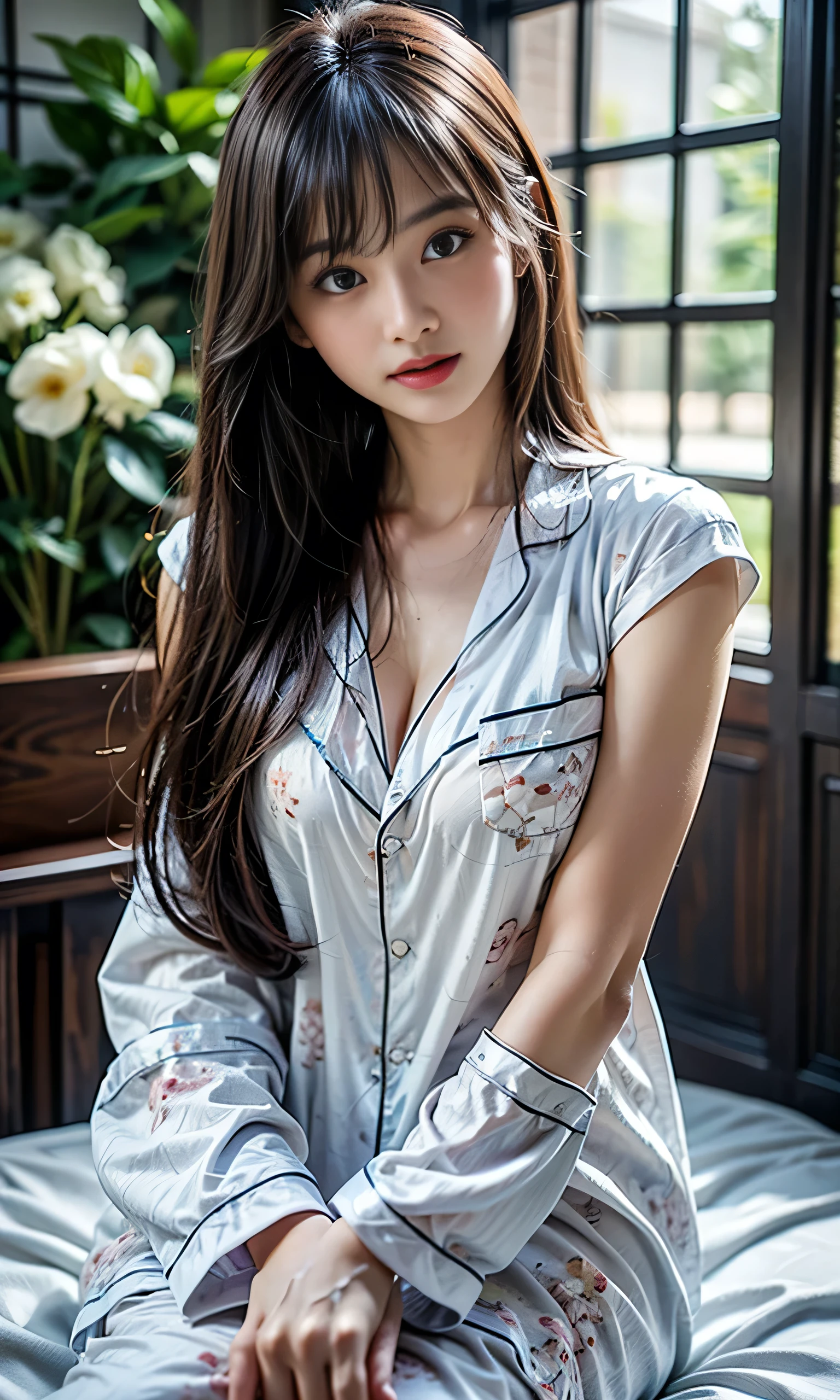 (master-piece:1.2, best qualiy:1.2, ultra-detailed:1.1), sexy, une femme seule, portant une chemise de pyjama ouverte (Unbuttoned pajama shirt) et des collants, lacy microshort et collants, Fioritures, (collants blancs:1.1),coucher de soleil,End of the day