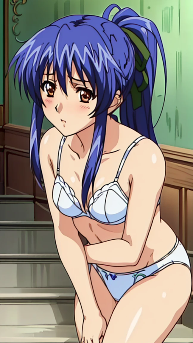 (Best Quality,hight resolution,masutepiece:1.2),Ultra-detailed,(Realistic,Photorealsiticです,Photorealsitic:1.37),Game CG,1girl in, 16yo girl, Blue hair, (half up:1.1), (small tits:1.3), (Purple Nightgown、Transparent), Eyes and faces with detailed, I'm blushing, Bewitching look, Soft lighting, Full-body angle, Western-style room、bet、Sleeping、Thighs