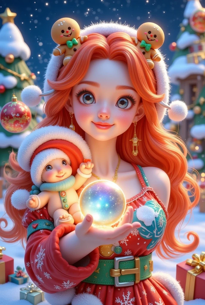 Merry Christmas，Beautiful girl with a Christmas tree and cottage and gingerbread man cookies on her head，Hanging Christmas balls 。Beautiful girl holding a magic ball in her hand 