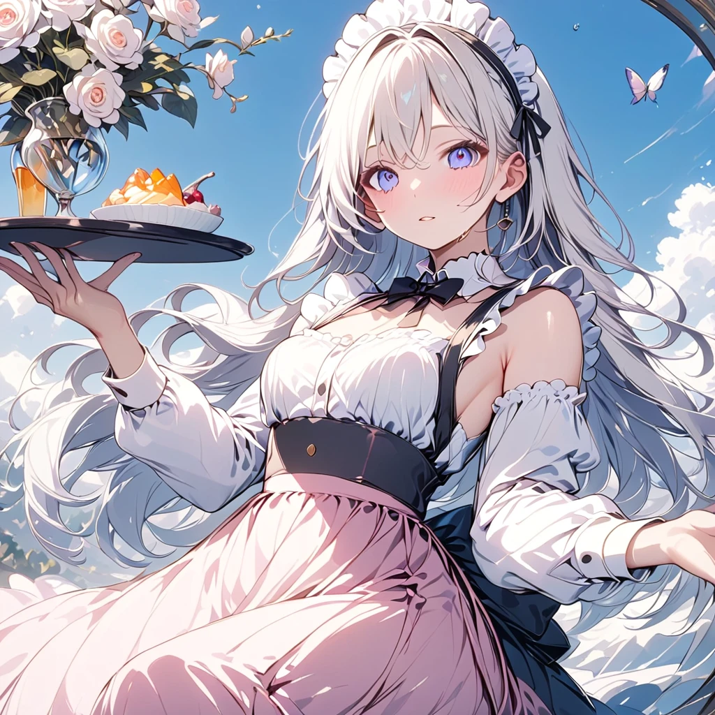 ( 1 girl),(最High image quality, 8k, masterpiece:1.3), (24 years old:1.5), ( Silver Hair), ( semi-long),  (Full body shot、Fair skin、 tan、 maid outfit 、 Long Sleeve 、Waiter、Elegant、 long skirt)), ([Ultra Clear:1.5), ( shiny skin:1.1),(Pale skin:1.1),High image quality、 Clear Outlines、