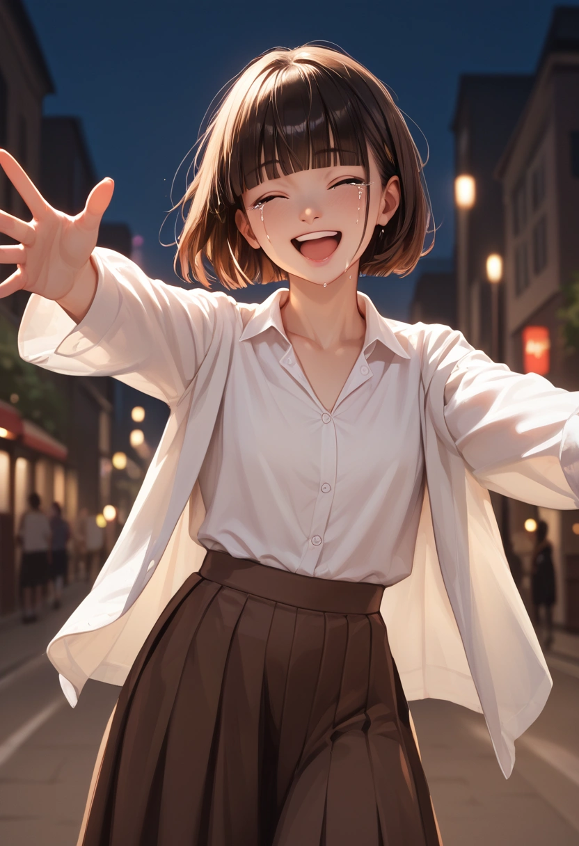 score 9, score 8_up, score 7_up, score real, beautiful face woman, Accurate limb expression, Crying face 、((brown short hair, blunt bangs)), amazing hourglass figure, (dark color long jacket and long skirt),(white collared long sleeve shirt), ((untucked shirt:1.2)), perfect figure, city at night, ( laughing with her arms outstretched) ,Arms behind back, front view, score_9, score_8_up, score_7_up, source real, real skin, BREAK,, score_9, score_8_up, score_7_up, score_9, score_8_up, score_7_up, face,score_9, score_8_up, score_7_up,source_real,real skin, BREAK