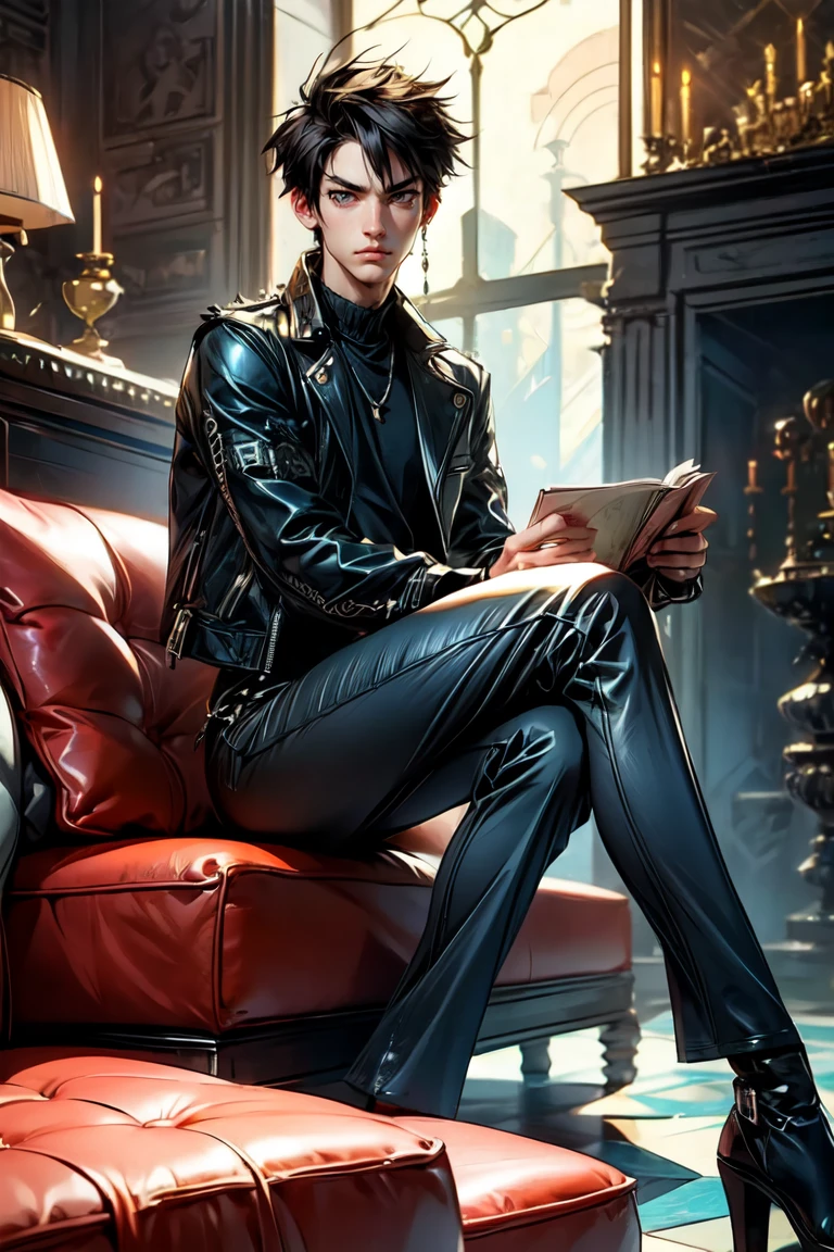 (masterpiece), ((anime style)), ((anime boy)), 1boy, expressive eyes, handsome, young boy, emerald eyes,((short dark hair)), clean cut, red cheeks, friendly, tall, ((slender body)), toned physique, leather jacket, long sleeves, spikes, chains, black t-shirt, long black pants, sitting, ((on a sofa)), torned sofa,  legs crossed pose, holding a book, looking to viewer, deserted building background, destroyed surroundings, 