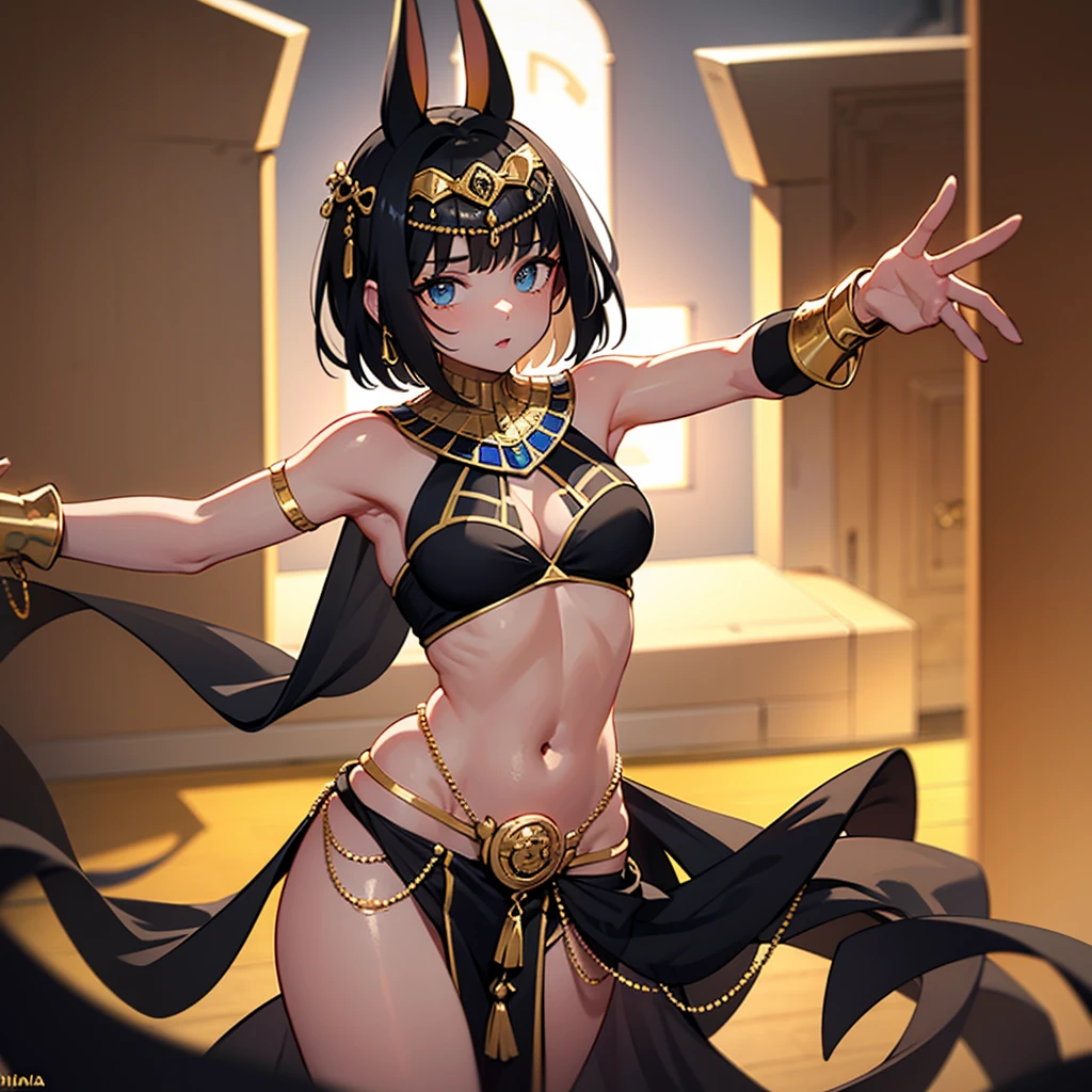 Short black hair female, hecteromia, belly dancer, wearing a black belly dancer outfit with some gold accents and transparent black face veil. Doing the belly dancer dance, has fake ears on her head. The background is Egypt themed.